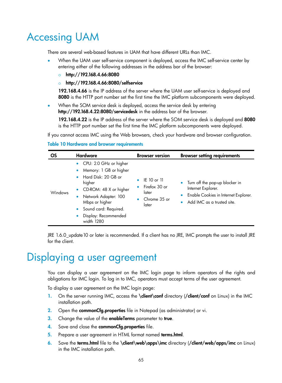 Accessing uam, Displaying a user agreement | H3C Technologies H3C Intelligent Management Center User Manual | Page 72 / 104