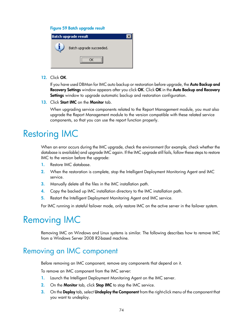 Restoring imc, Removing imc, Removing an imc component | Figure 12 | H3C Technologies H3C Intelligent Management Center User Manual | Page 81 / 104
