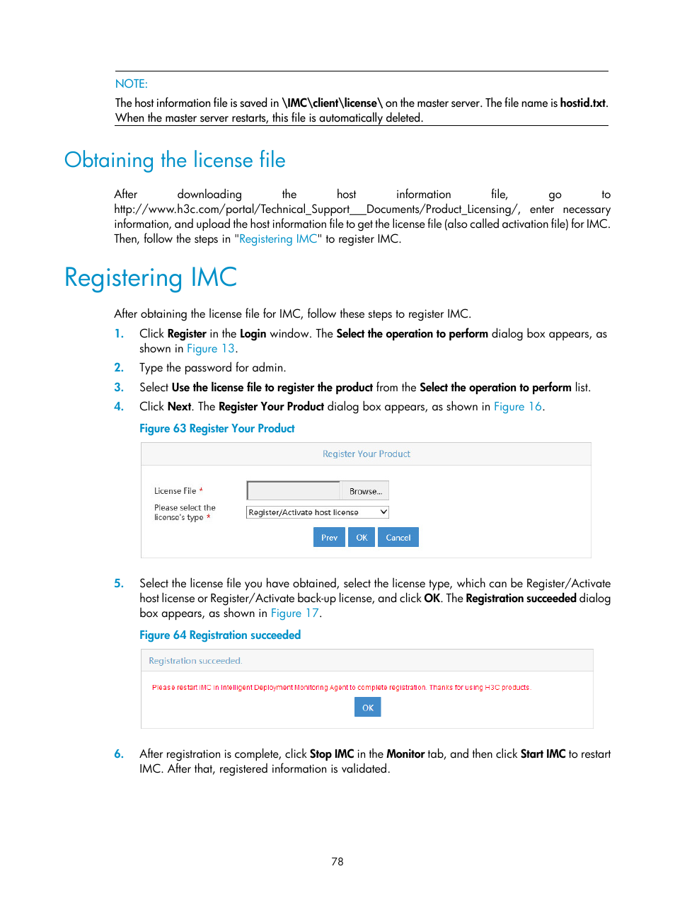 Obtaining the license file, Registering imc | H3C Technologies H3C Intelligent Management Center User Manual | Page 85 / 104