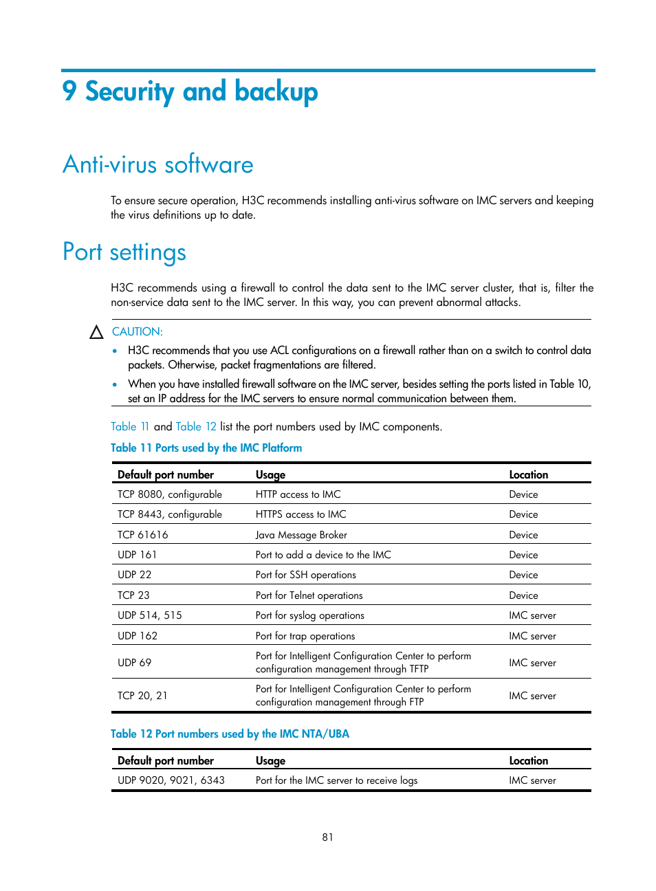 9 security and backup, Anti-virus software, Port settings | H3C Technologies H3C Intelligent Management Center User Manual | Page 88 / 104