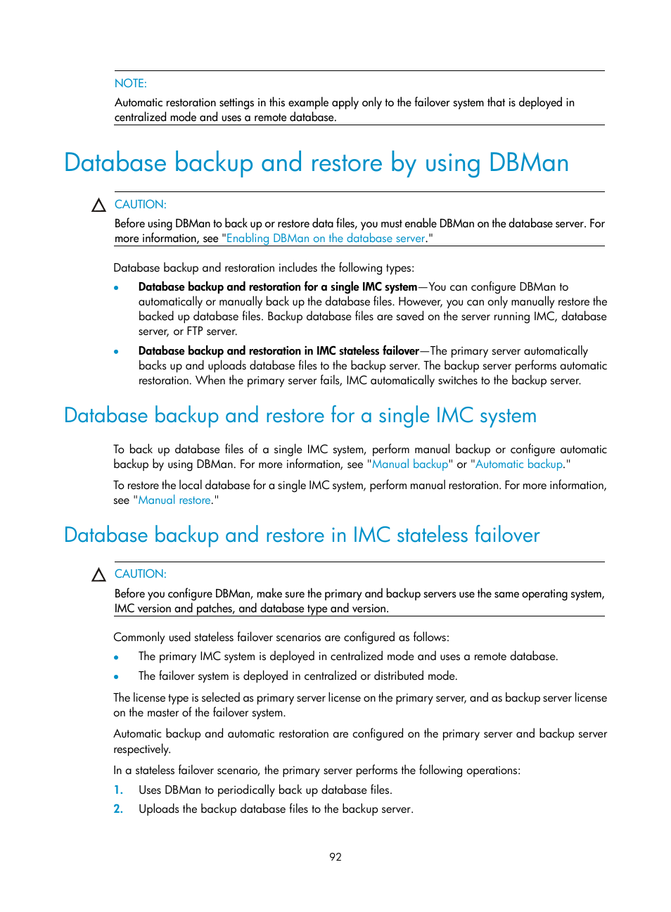 Database backup and restore by using dbman | H3C Technologies H3C Intelligent Management Center User Manual | Page 99 / 104