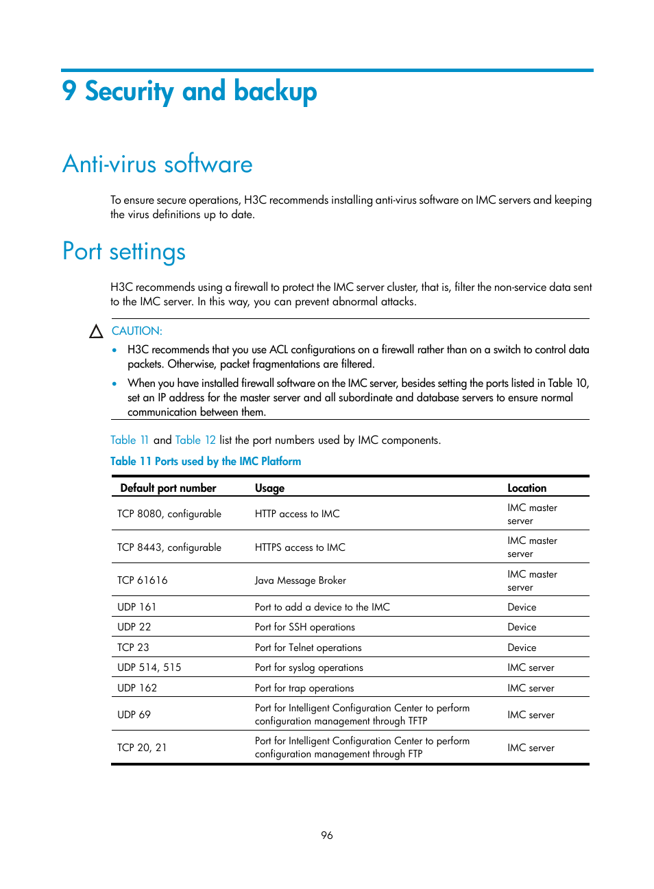 9 security and backup, Anti-virus software, Port settings | H3C Technologies H3C Intelligent Management Center User Manual | Page 103 / 121