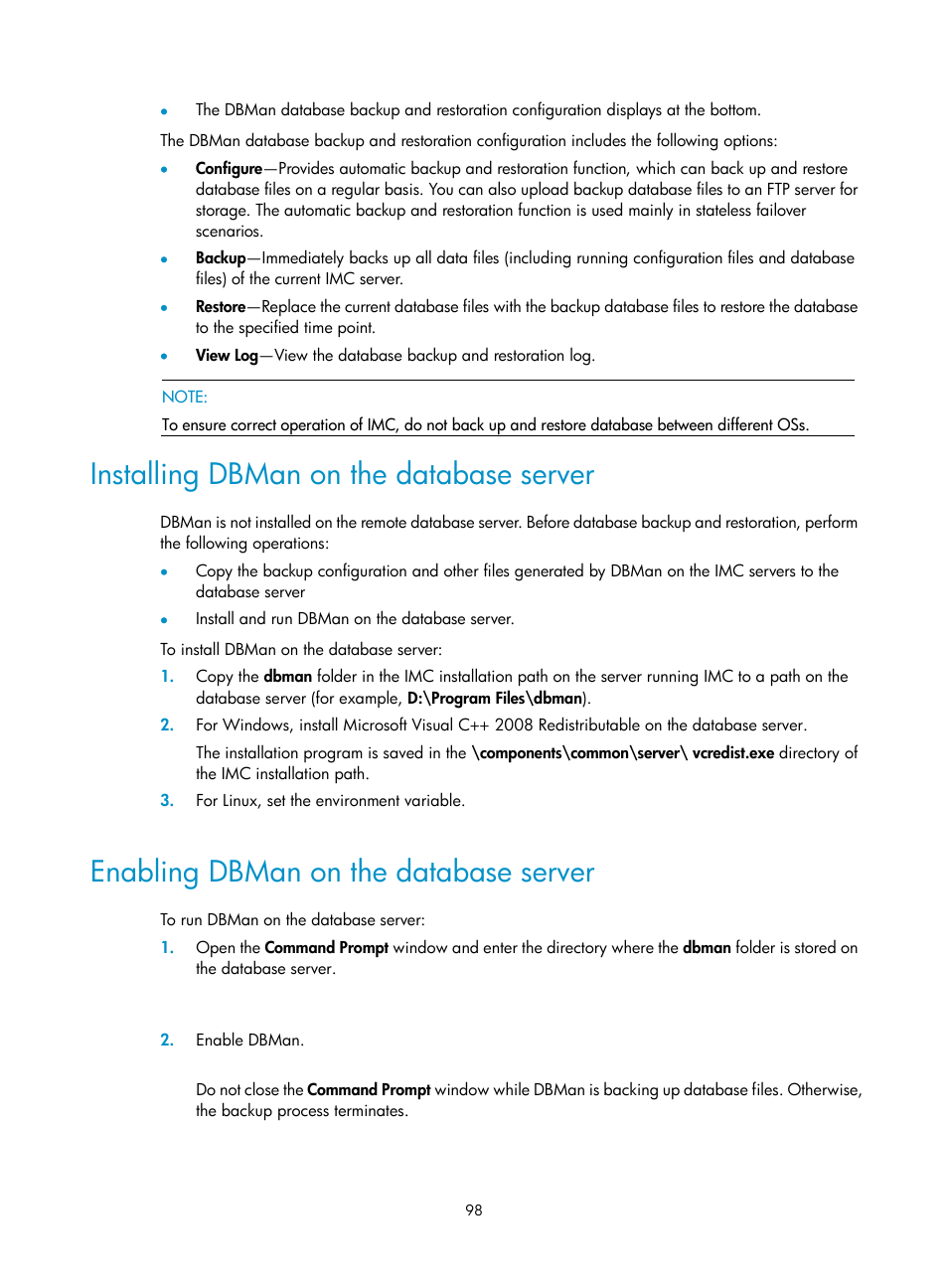 Installing dbman on the database server, Enabling dbman on the database server | H3C Technologies H3C Intelligent Management Center User Manual | Page 105 / 121