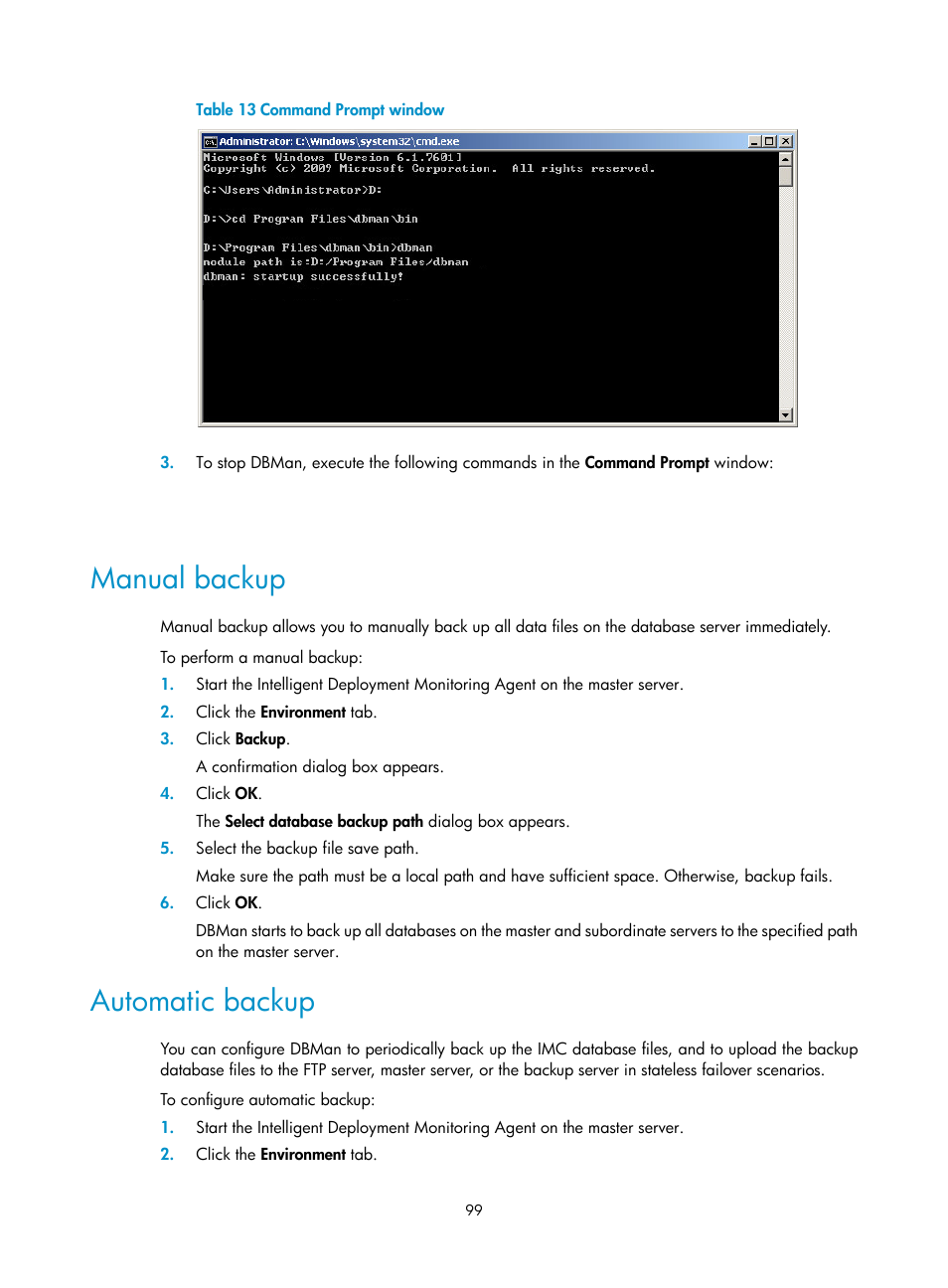 Manual backup, Automatic backup | H3C Technologies H3C Intelligent Management Center User Manual | Page 106 / 121
