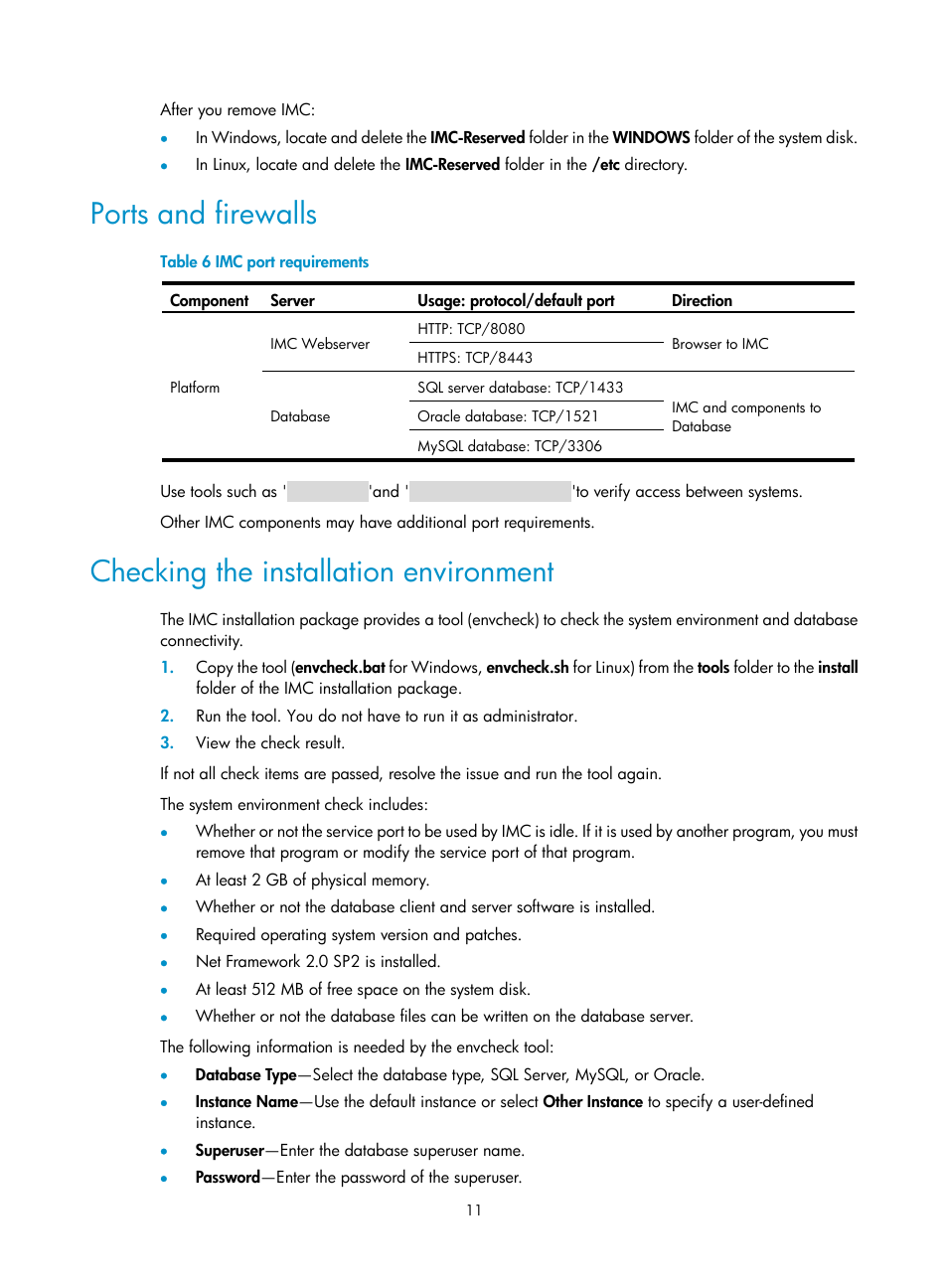 Ports and firewalls, Checking the installation environment | H3C Technologies H3C Intelligent Management Center User Manual | Page 18 / 121