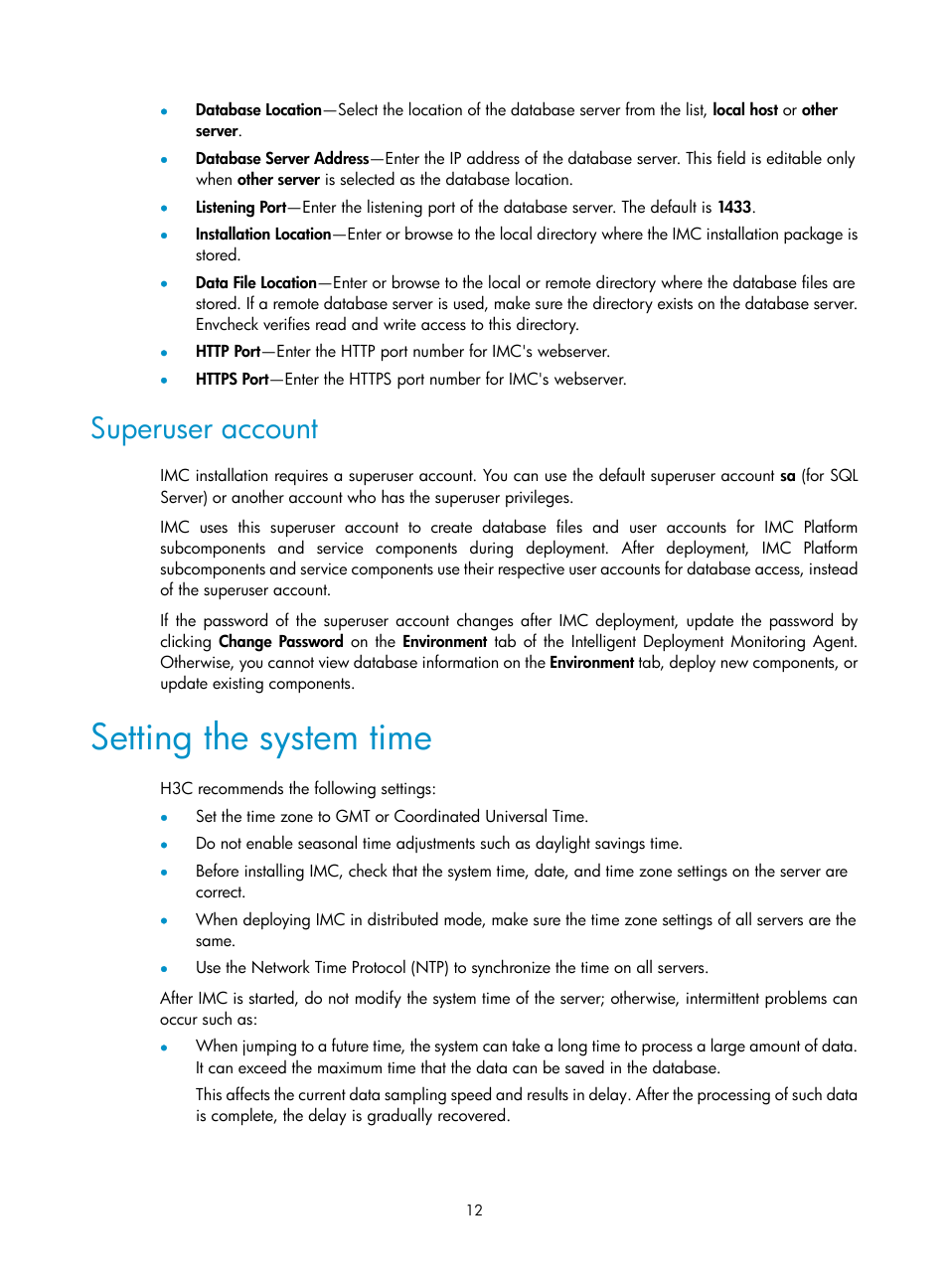 Superuser account, Setting the system time | H3C Technologies H3C Intelligent Management Center User Manual | Page 19 / 121