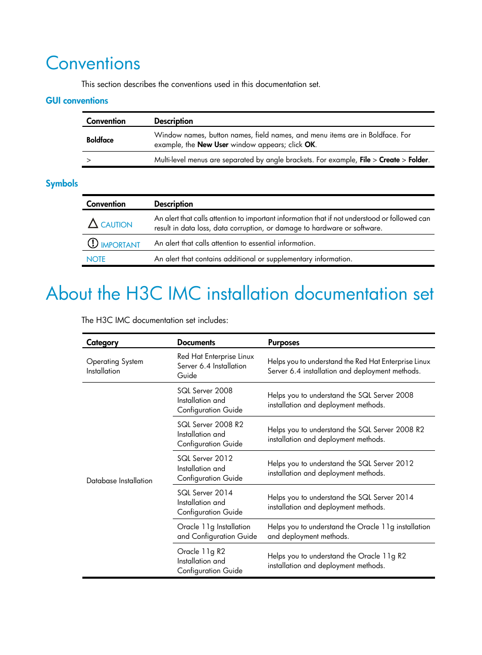 Conventions, Gui conventions, Symbols | About the h3c imc installation documentation set | H3C Technologies H3C Intelligent Management Center User Manual | Page 4 / 121