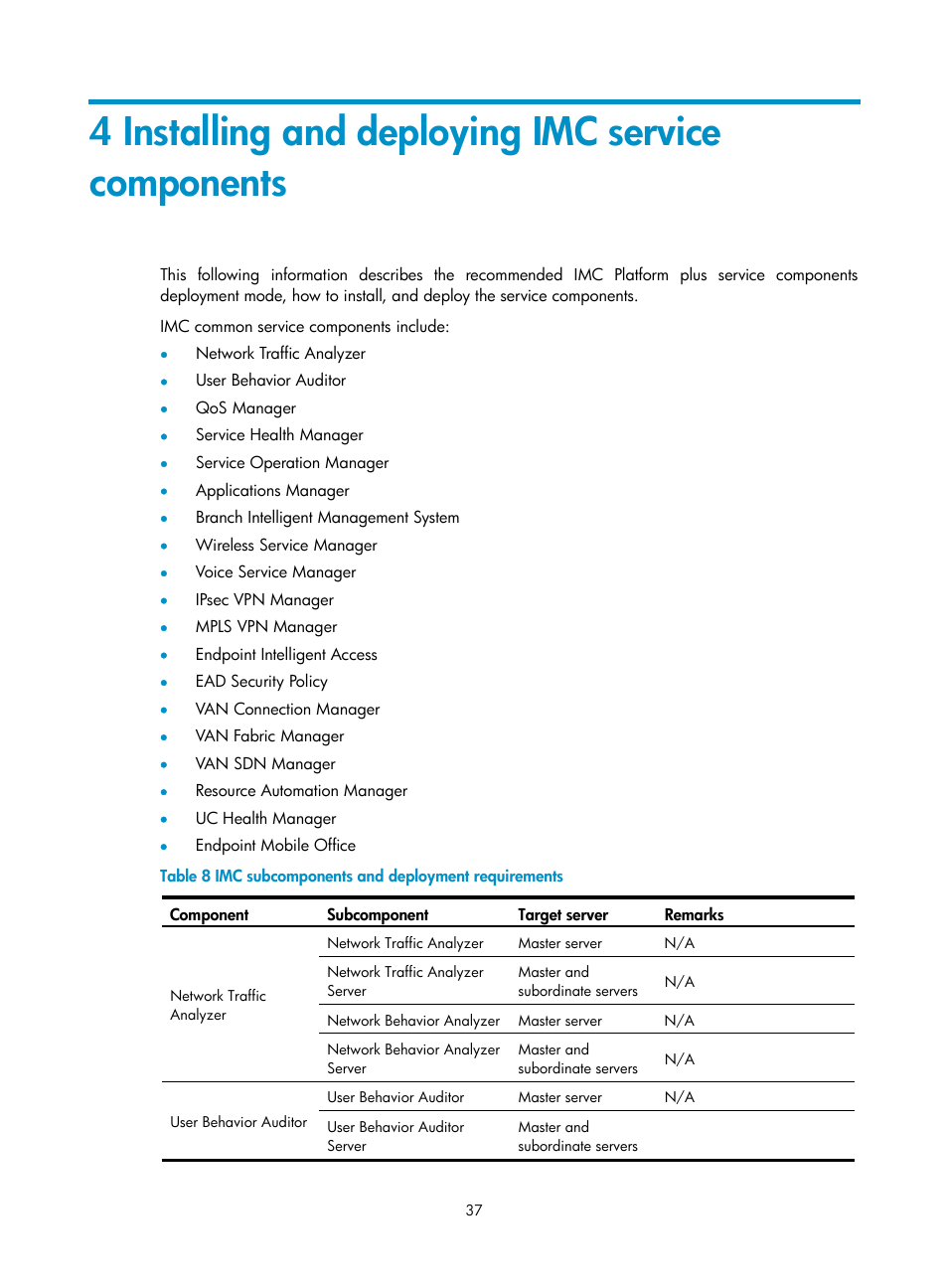 4 installing and deploying imc service components, On, see, 4 installing and deploying imc service | Components | H3C Technologies H3C Intelligent Management Center User Manual | Page 44 / 121