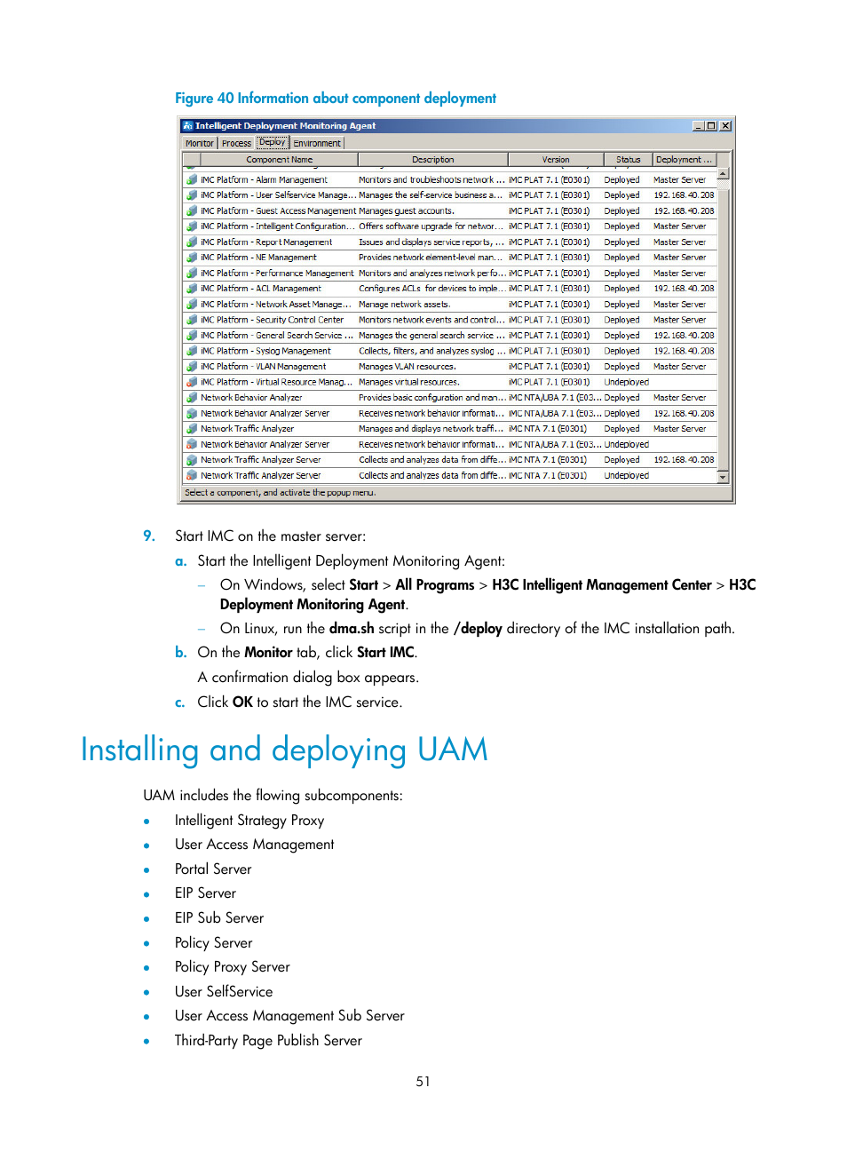 Installing and deploying uam | H3C Technologies H3C Intelligent Management Center User Manual | Page 58 / 121