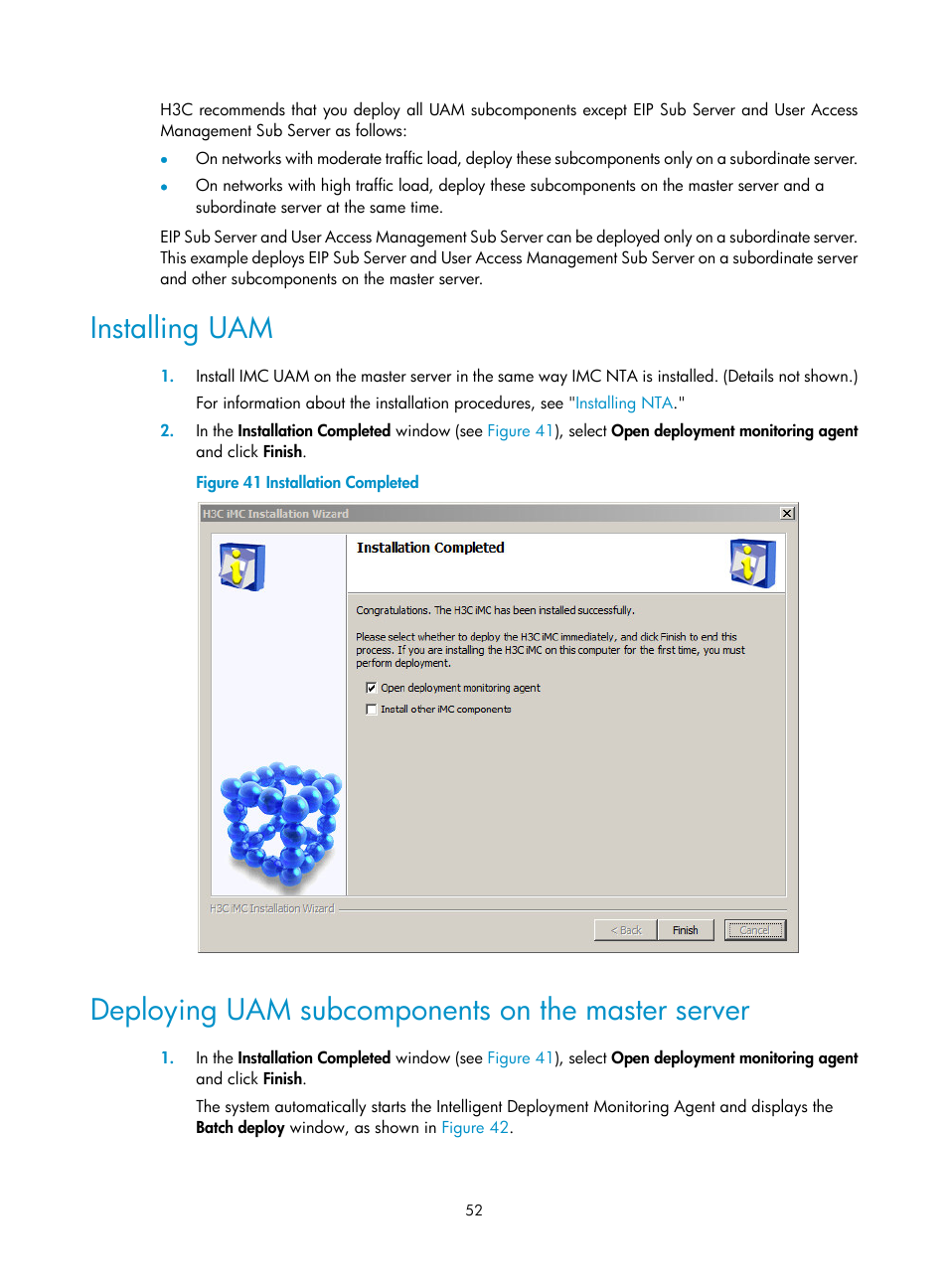 Installing uam, Deploying uam subcomponents on the master server | H3C Technologies H3C Intelligent Management Center User Manual | Page 59 / 121