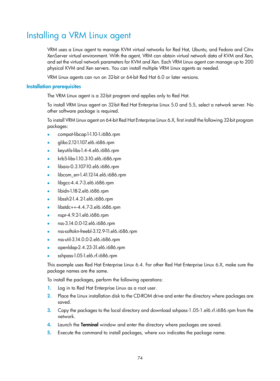 Installing a vrm linux agent, Installation prerequisites | H3C Technologies H3C Intelligent Management Center User Manual | Page 81 / 121