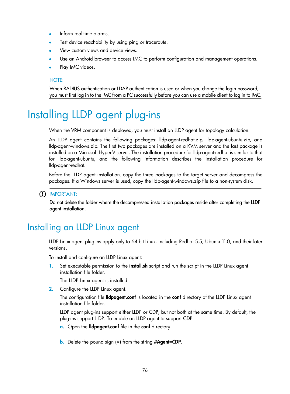 Installing lldp agent plug-ins, Installing an lldp linux agent | H3C Technologies H3C Intelligent Management Center User Manual | Page 83 / 121