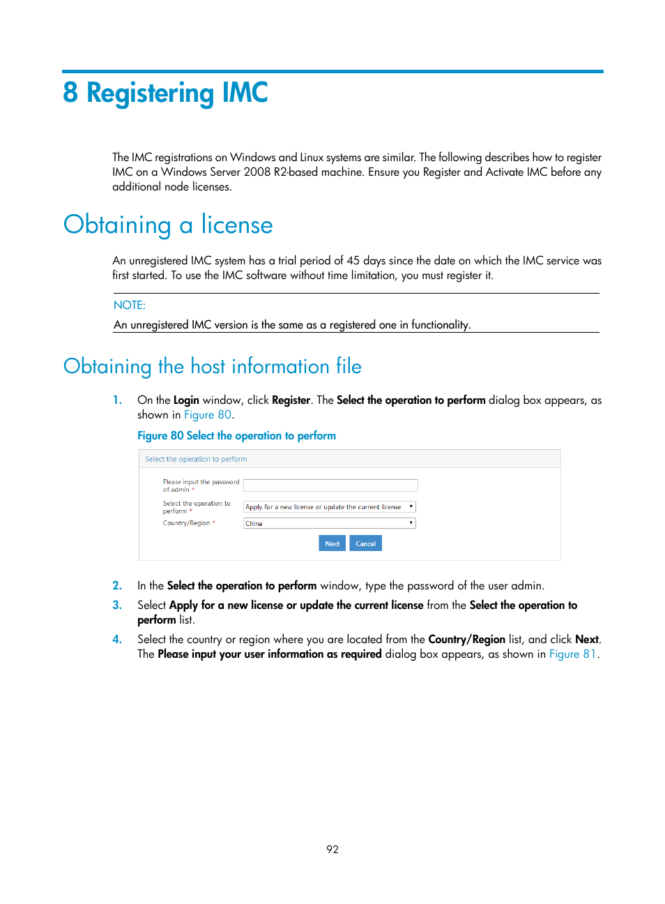 8 registering imc, Obtaining a license, Obtaining the host information file | H3C Technologies H3C Intelligent Management Center User Manual | Page 99 / 121