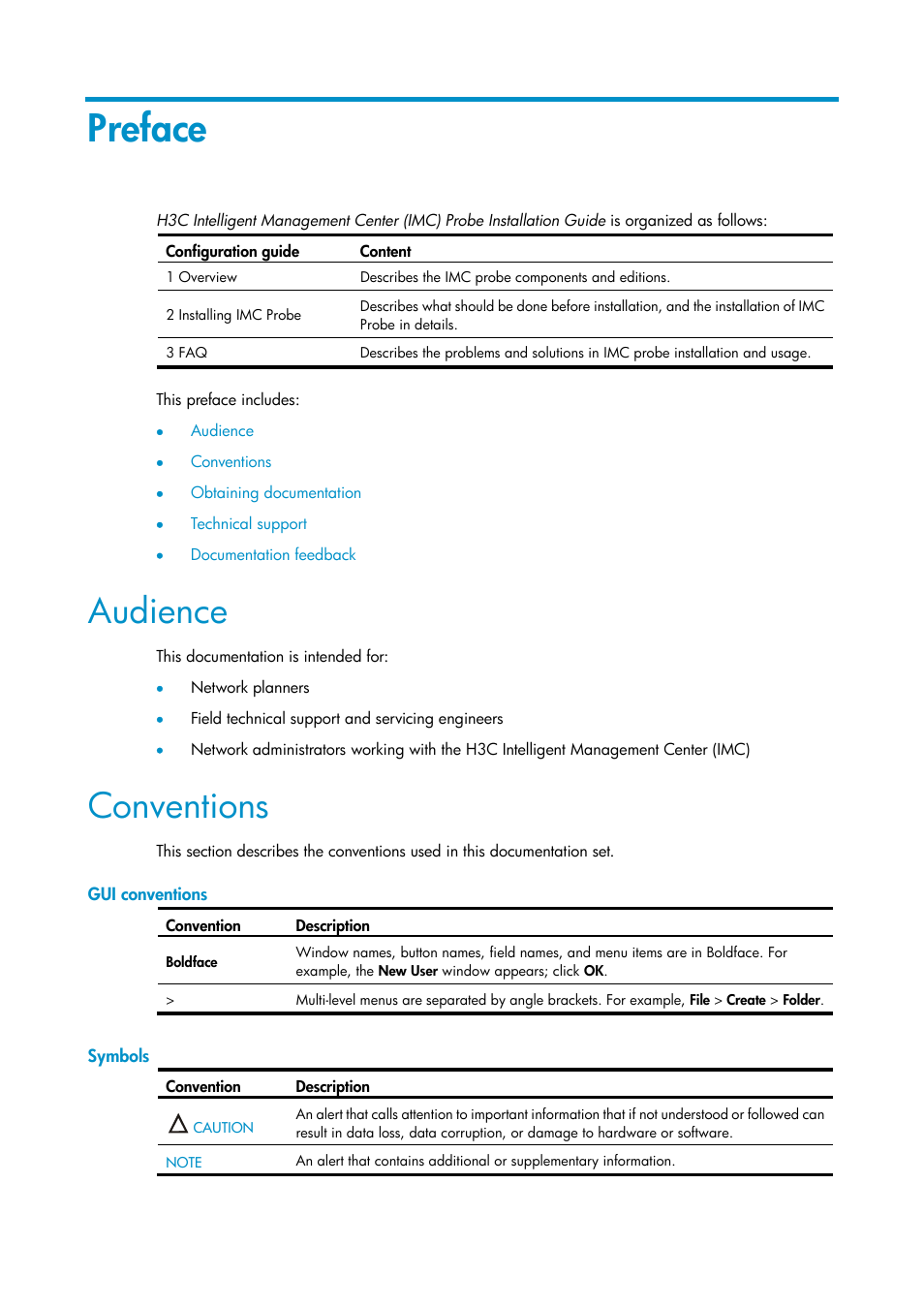 Preface, Audience, Conventions | Gui conventions, Symbols | H3C Technologies H3C Intelligent Management Center User Manual | Page 3 / 12