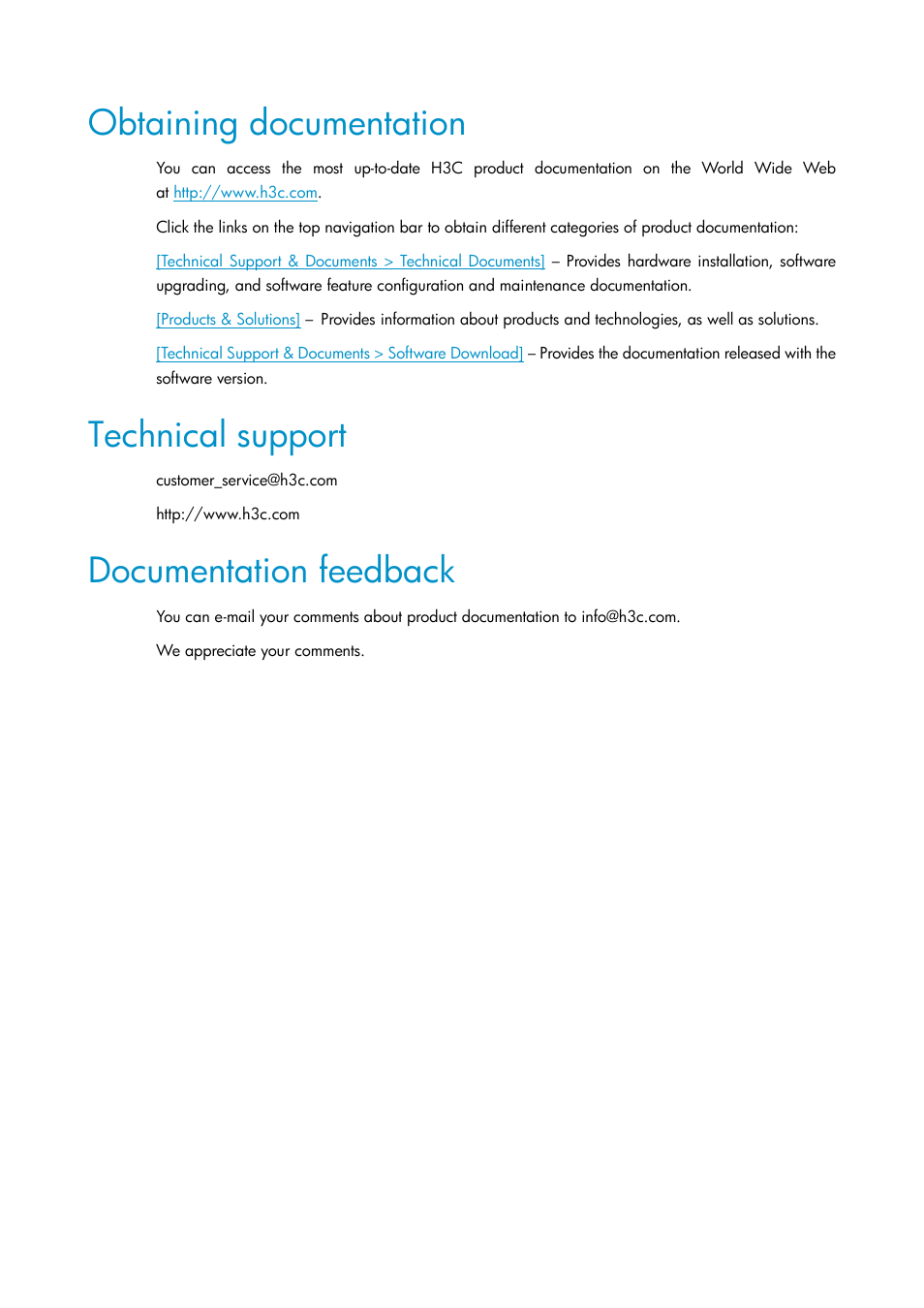 Obtaining documentation, Technical support, Documentation feedback | H3C Technologies H3C Intelligent Management Center User Manual | Page 4 / 12