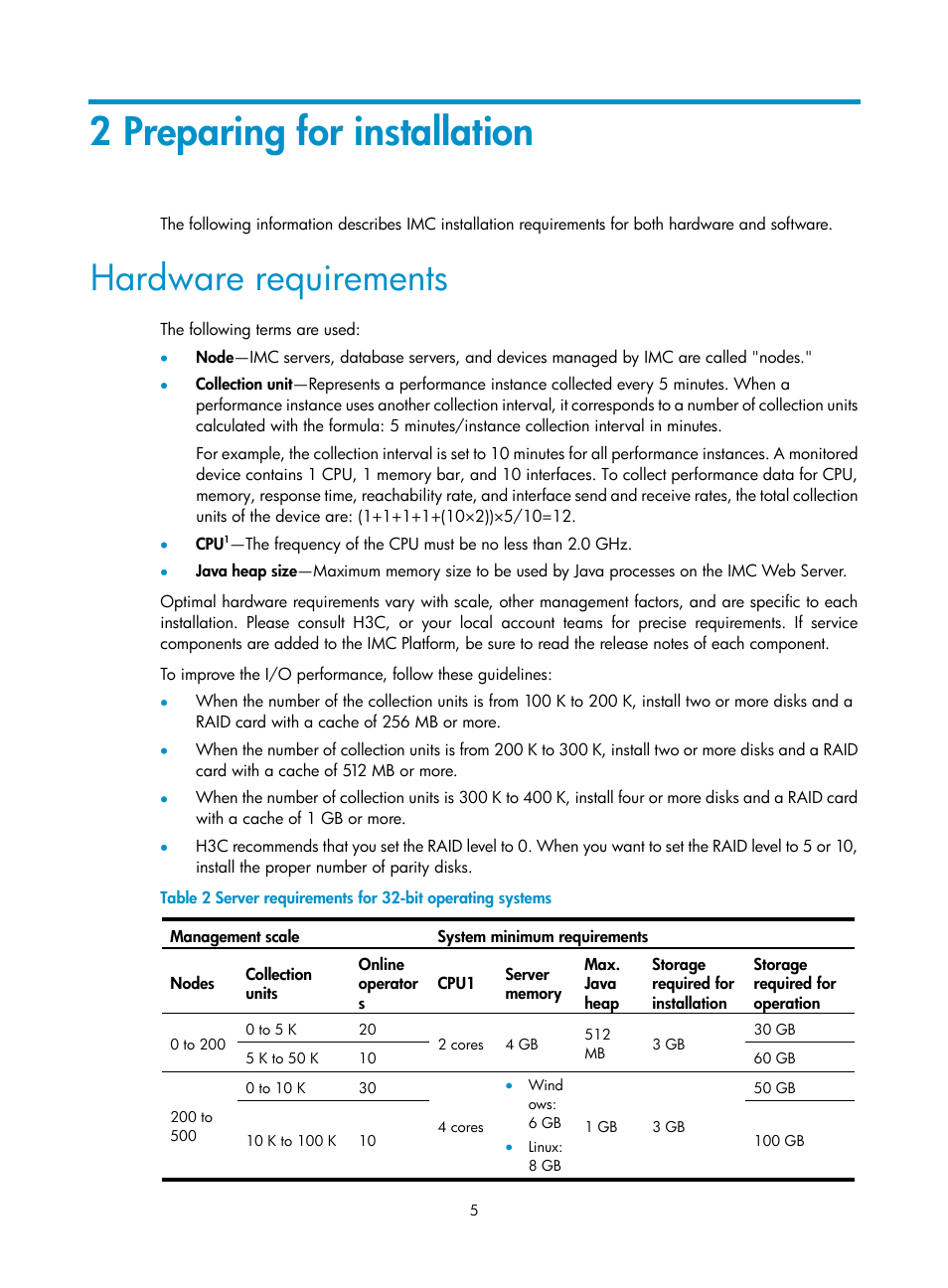 2 preparing for installation, Hardware requirements | H3C Technologies H3C Intelligent Management Center User Manual | Page 12 / 104