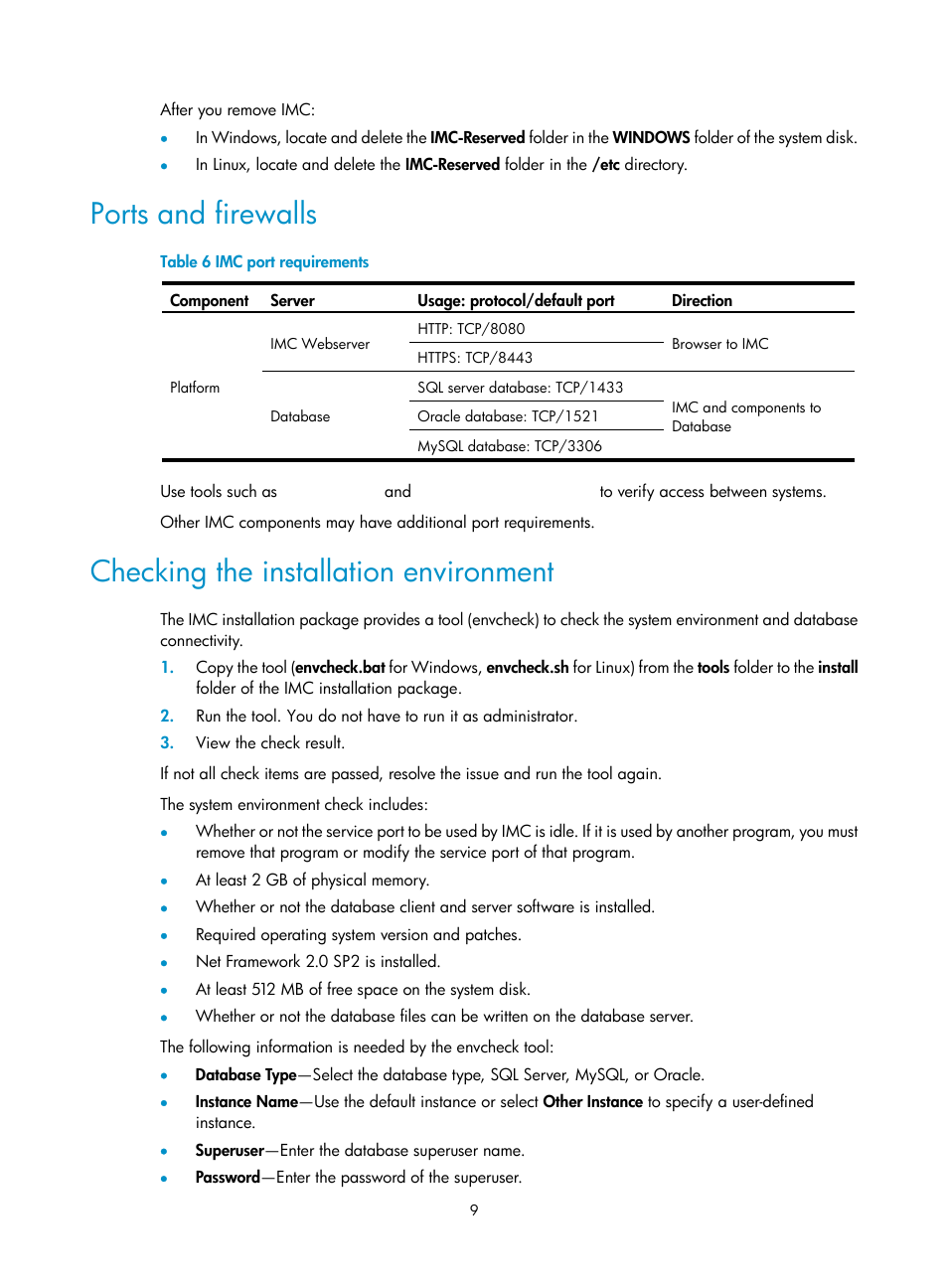 Ports and firewalls, Checking the installation environment | H3C Technologies H3C Intelligent Management Center User Manual | Page 16 / 104