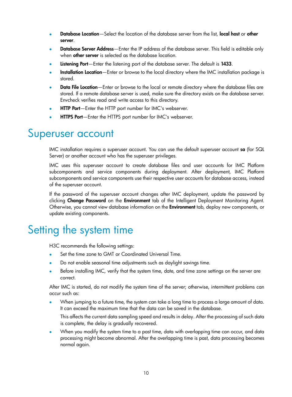 Superuser account, Setting the system time | H3C Technologies H3C Intelligent Management Center User Manual | Page 17 / 104