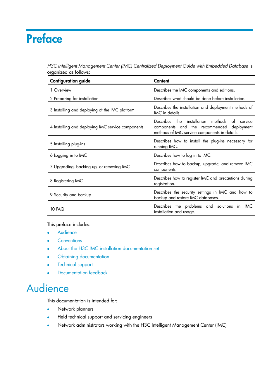 Preface, Audience | H3C Technologies H3C Intelligent Management Center User Manual | Page 3 / 104