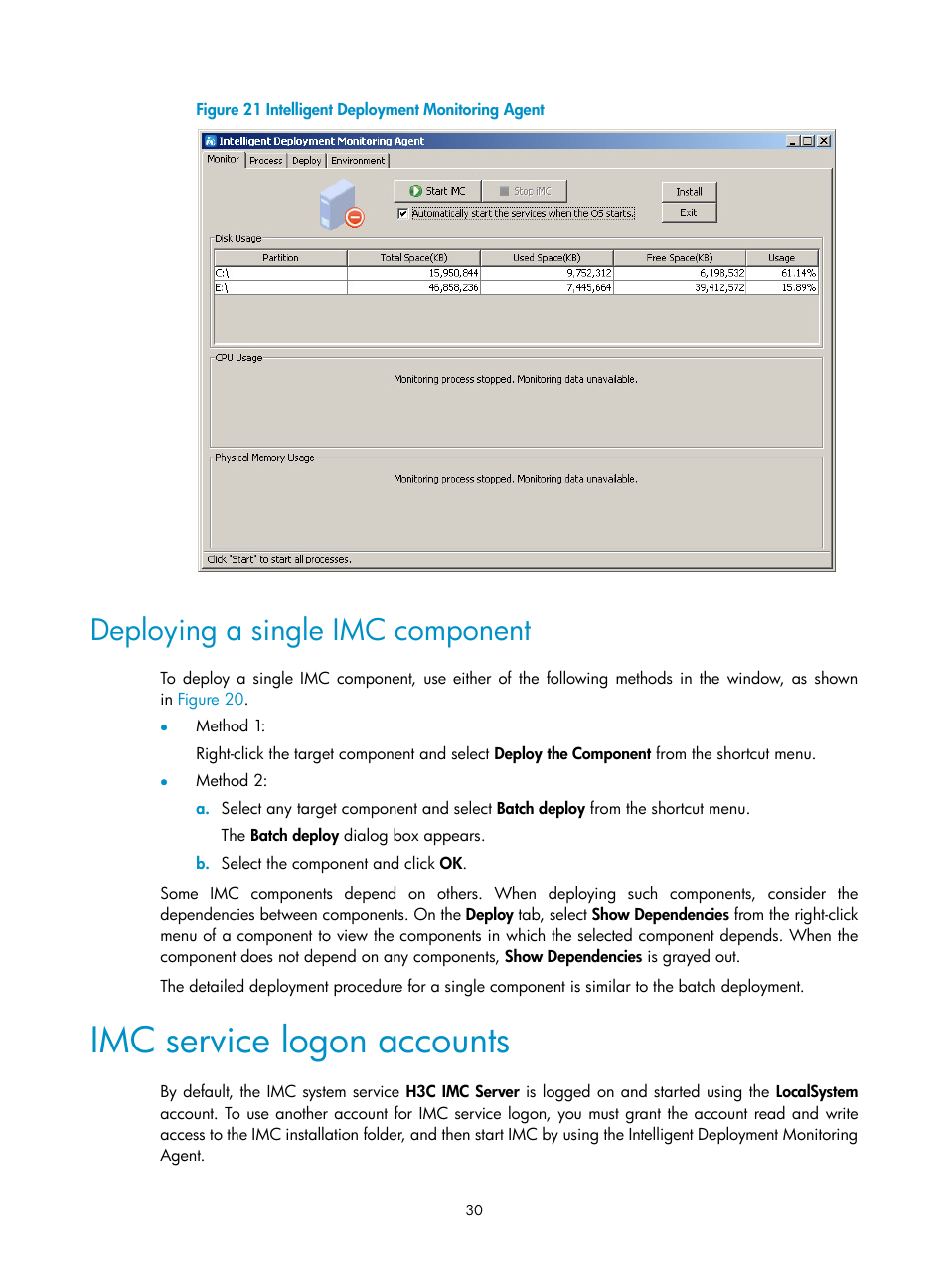 Deploying a single imc component, Imc service logon accounts | H3C Technologies H3C Intelligent Management Center User Manual | Page 37 / 104