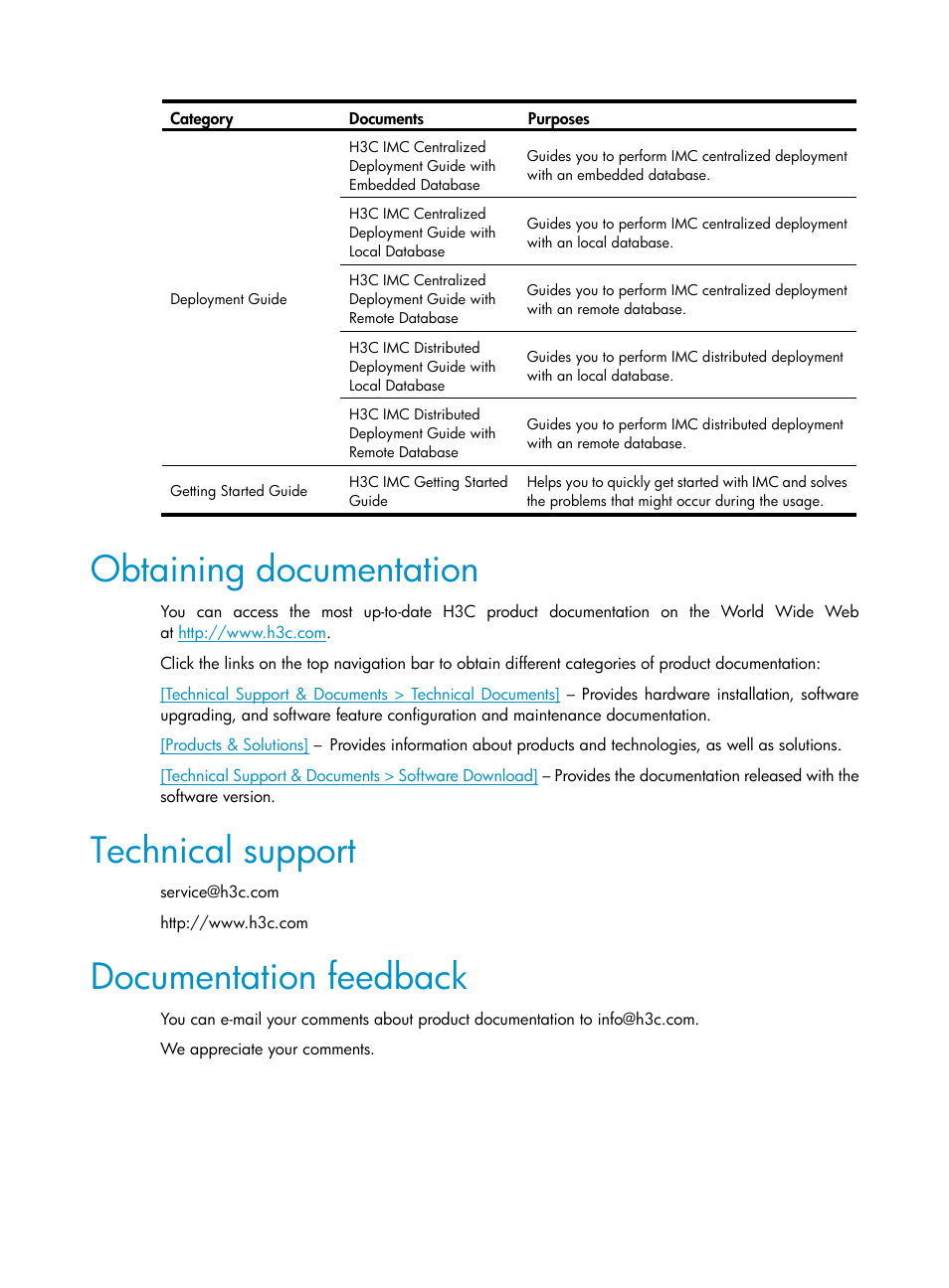 Obtaining documentation, Technical support, Documentation feedback | H3C Technologies H3C Intelligent Management Center User Manual | Page 5 / 104