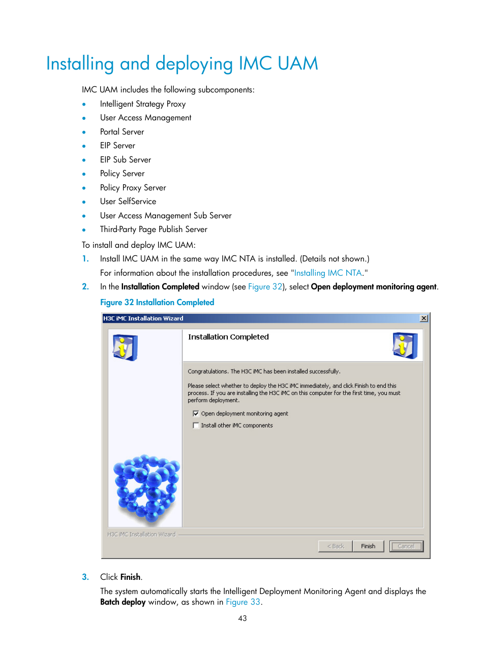 Installing and deploying imc uam | H3C Technologies H3C Intelligent Management Center User Manual | Page 50 / 104