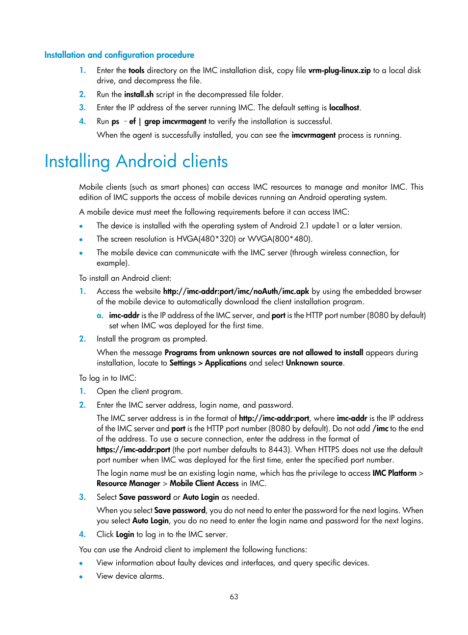 Installation and configuration procedure, Installing android clients | H3C Technologies H3C Intelligent Management Center User Manual | Page 70 / 104