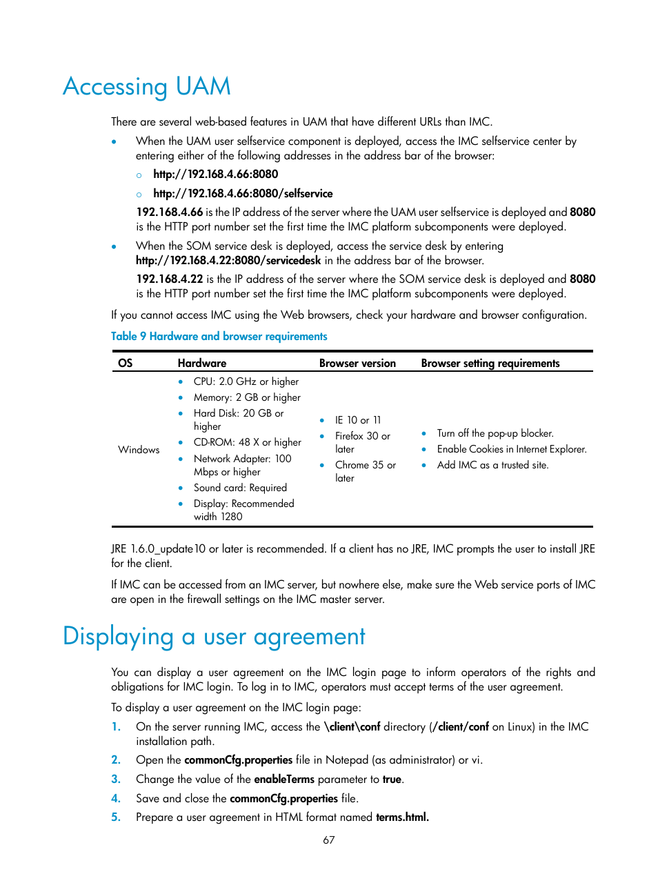 Accessing uam, Displaying a user agreement | H3C Technologies H3C Intelligent Management Center User Manual | Page 74 / 104