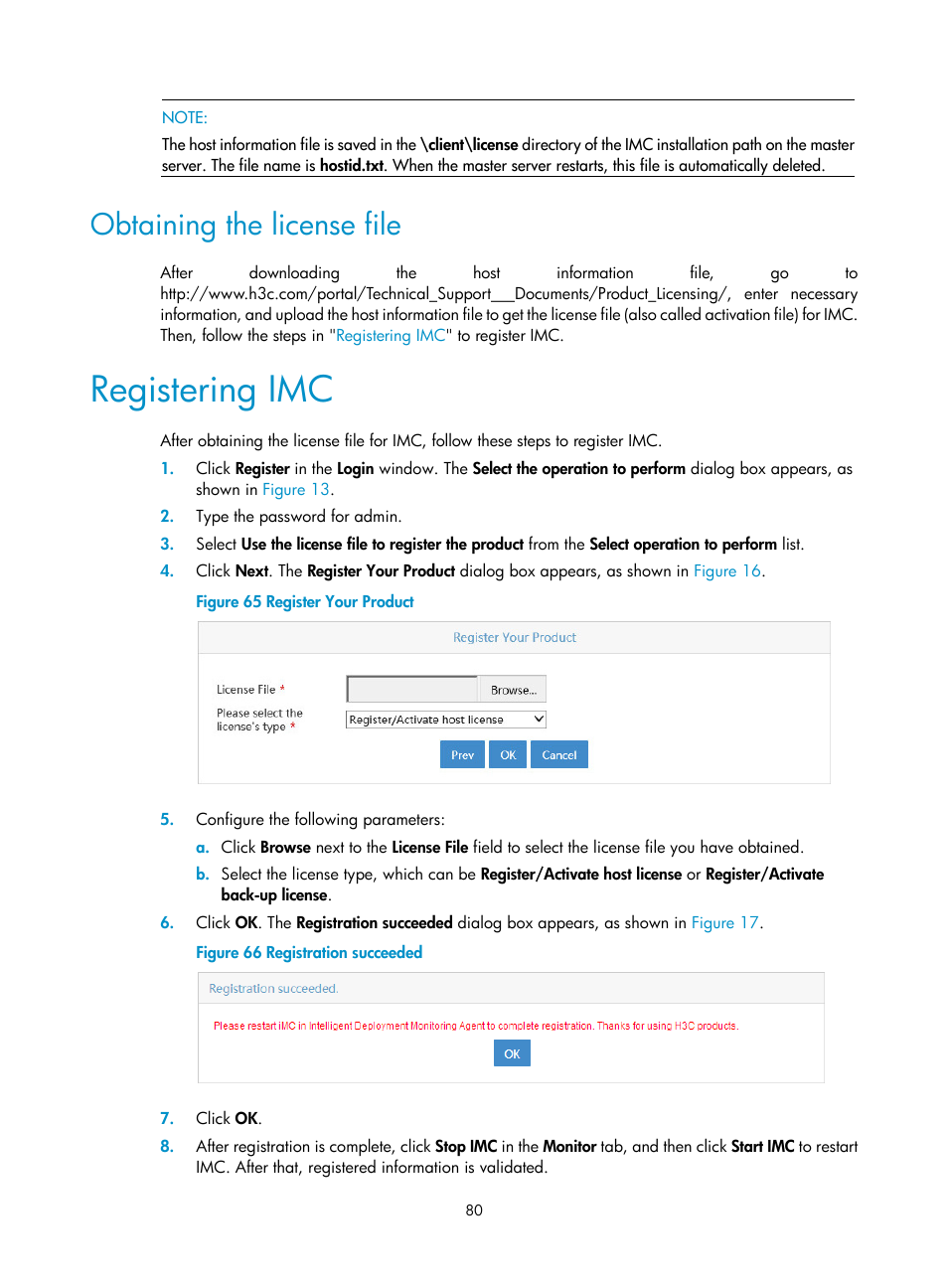 Obtaining the license file, Registering imc | H3C Technologies H3C Intelligent Management Center User Manual | Page 87 / 104