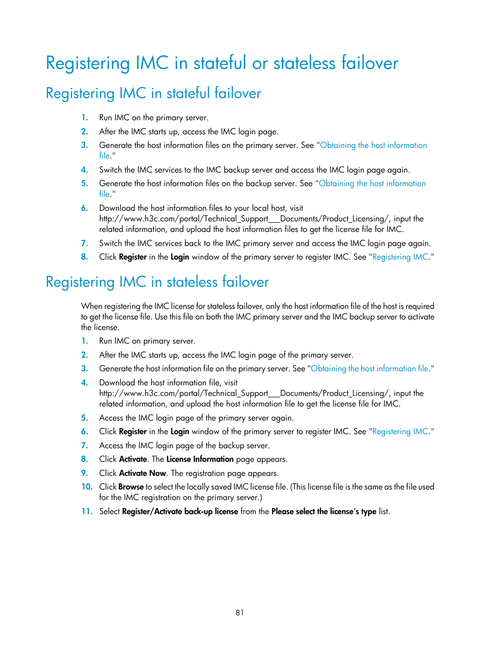 Registering imc in stateful or stateless failover, Registering imc in stateful failover, Registering imc in stateless failover | H3C Technologies H3C Intelligent Management Center User Manual | Page 88 / 104