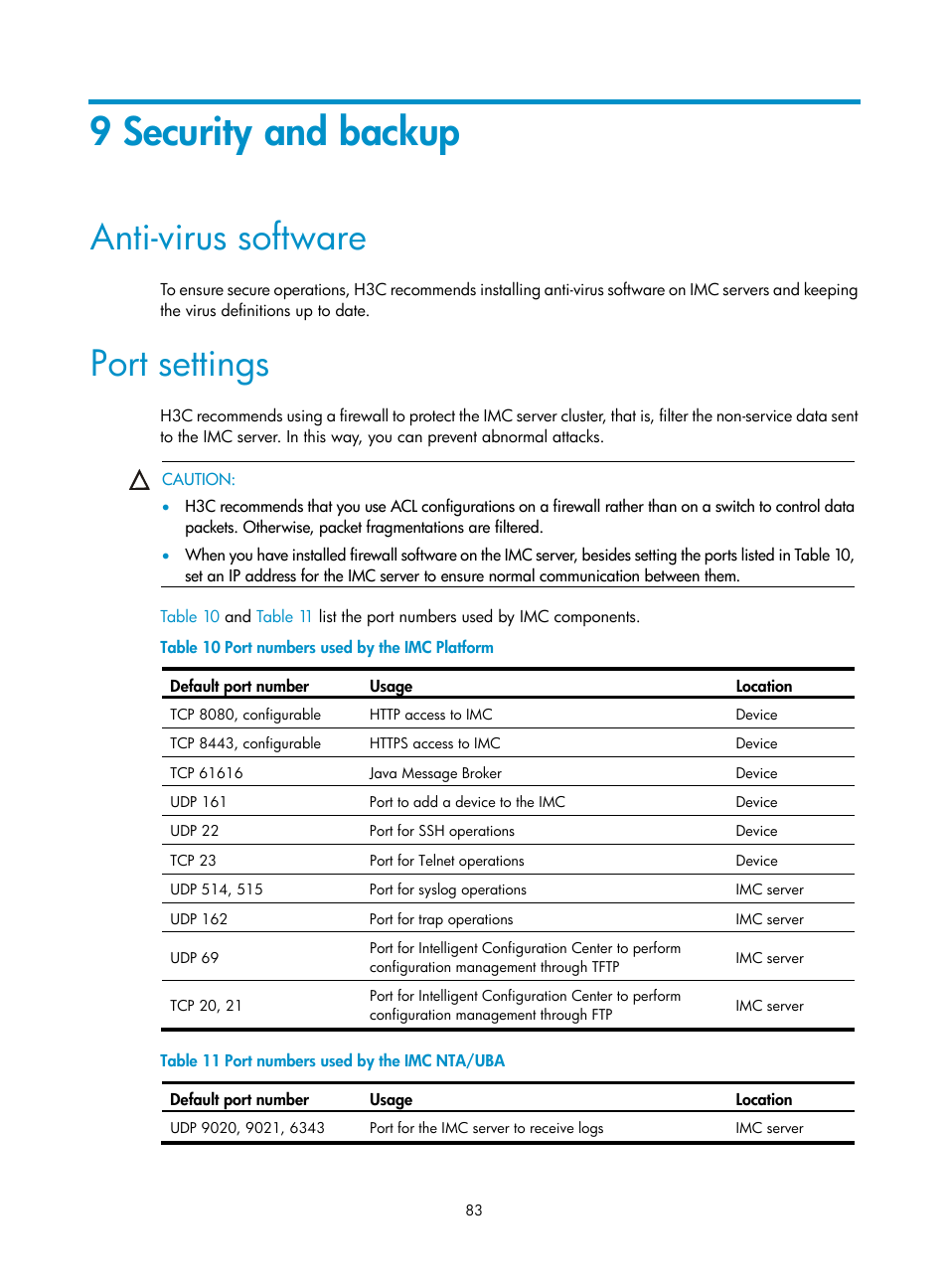 9 security and backup, Anti-virus software, Port settings | H3C Technologies H3C Intelligent Management Center User Manual | Page 90 / 104