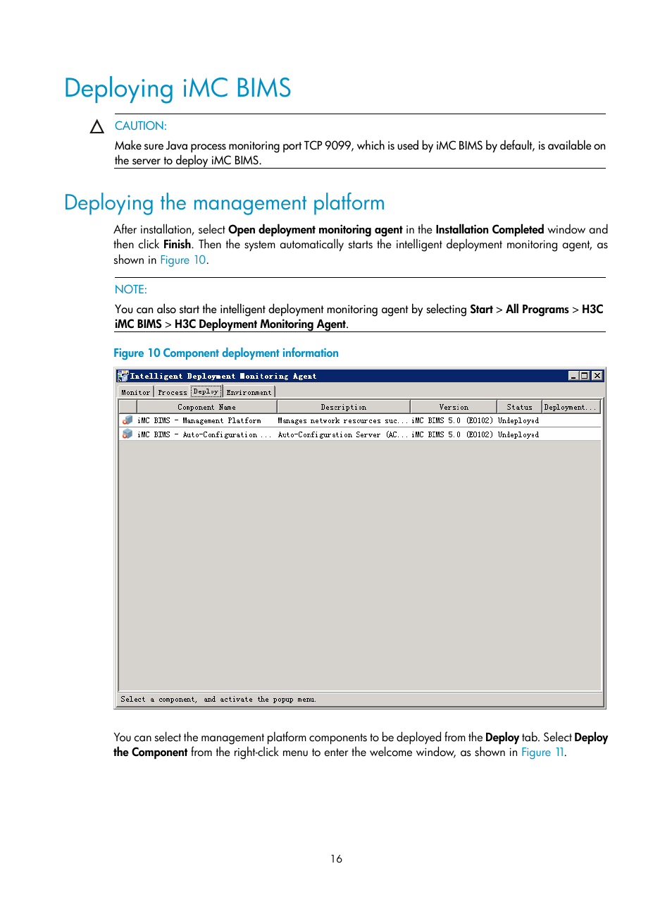 Deploying imc bims, Deploying the management platform | H3C Technologies H3C Intelligent Management Center User Manual | Page 21 / 50