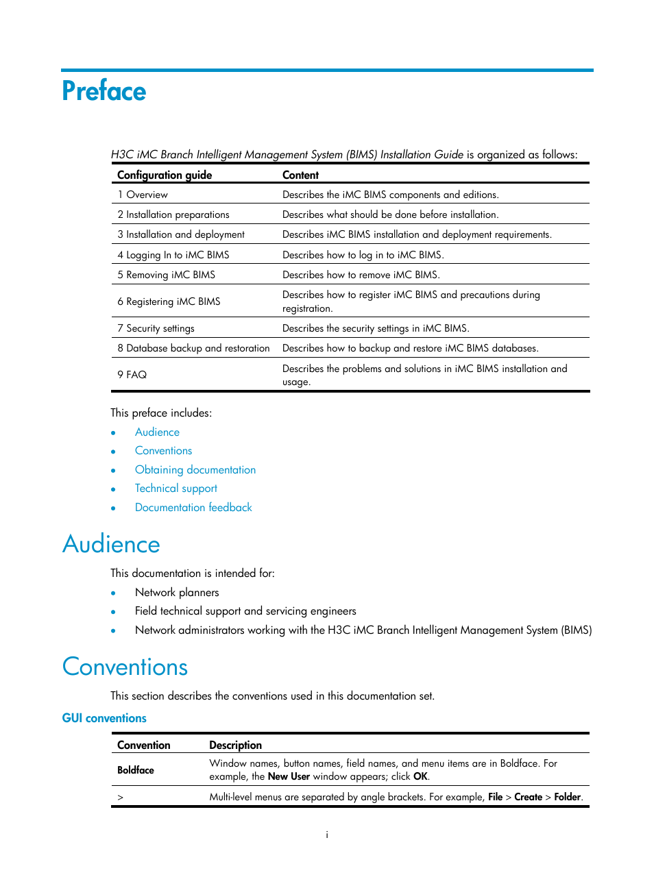 Preface, Audience, Conventions | H3C Technologies H3C Intelligent Management Center User Manual | Page 3 / 50