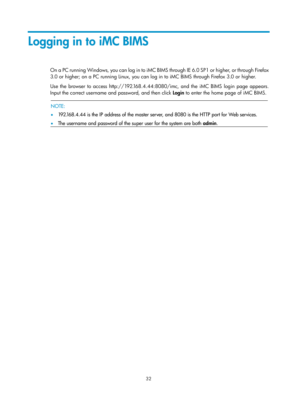 Logging in to imc bims | H3C Technologies H3C Intelligent Management Center User Manual | Page 37 / 50