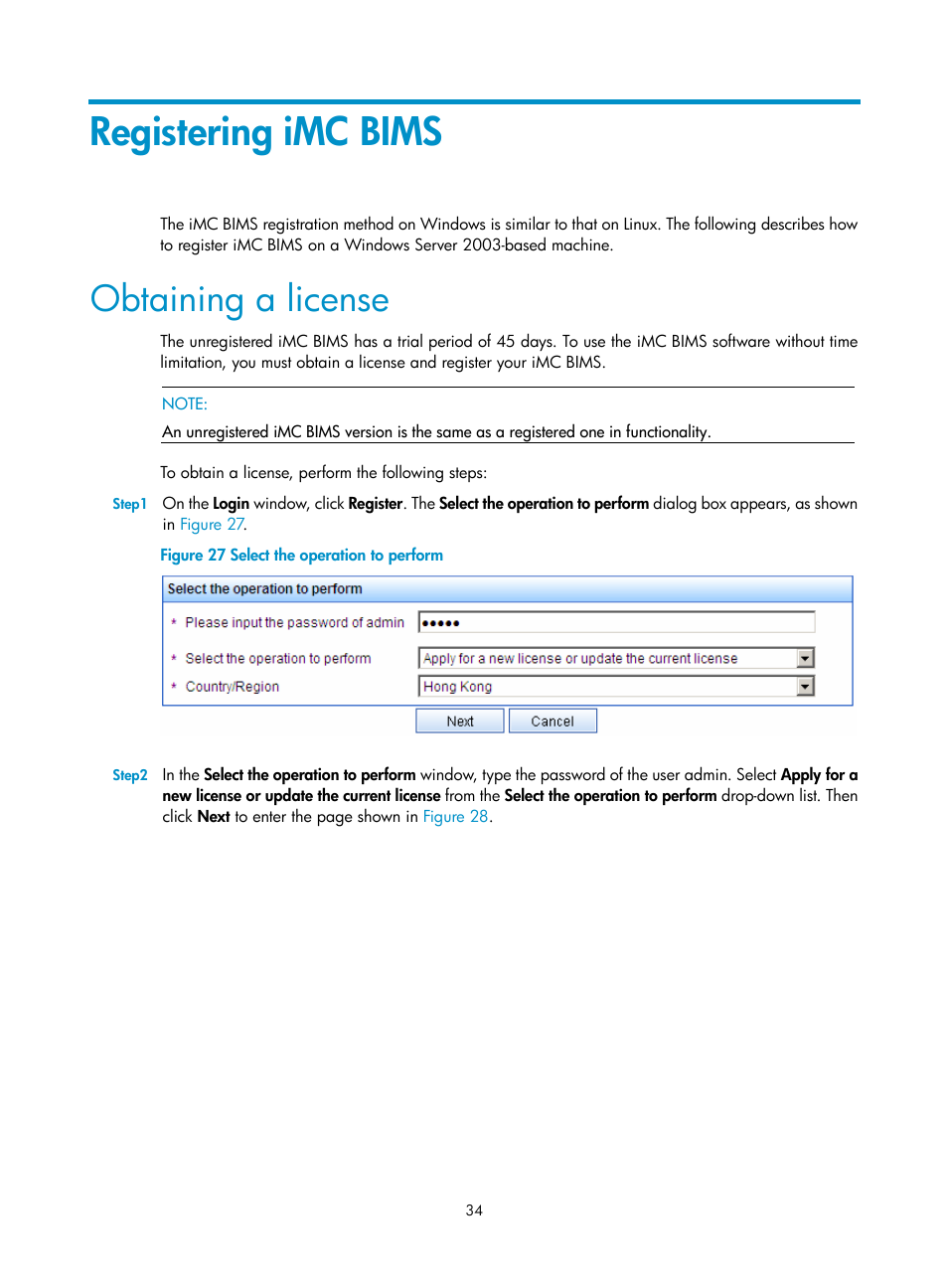 Registering imc bims, Obtaining a license | H3C Technologies H3C Intelligent Management Center User Manual | Page 39 / 50