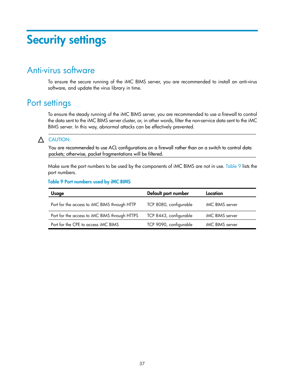 Security settings, Anti-virus software, Port settings | H3C Technologies H3C Intelligent Management Center User Manual | Page 42 / 50