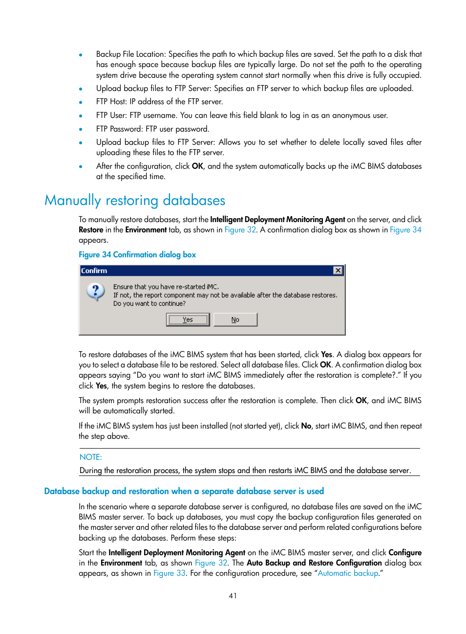 Manually restoring databases | H3C Technologies H3C Intelligent Management Center User Manual | Page 46 / 50