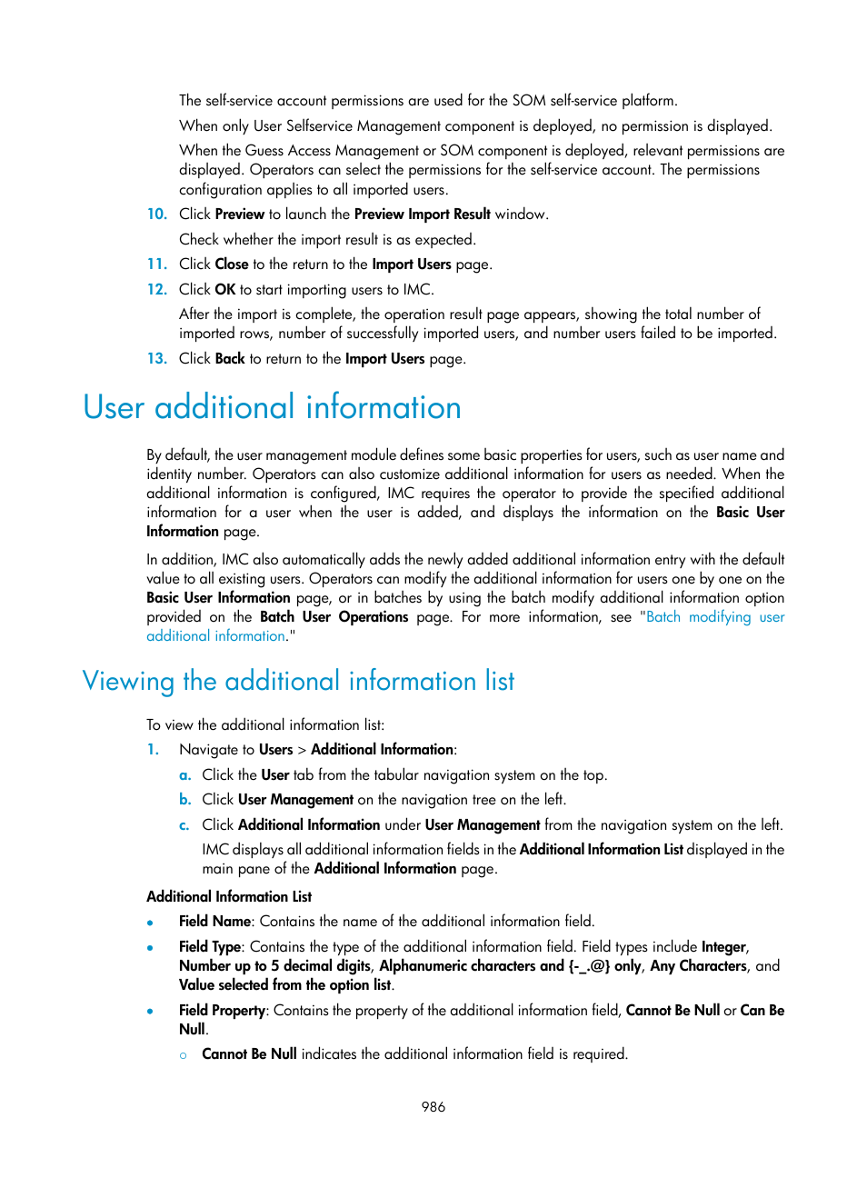 User additional information, Viewing the additional information list | H3C Technologies H3C Intelligent Management Center User Manual | Page 1000 / 1065