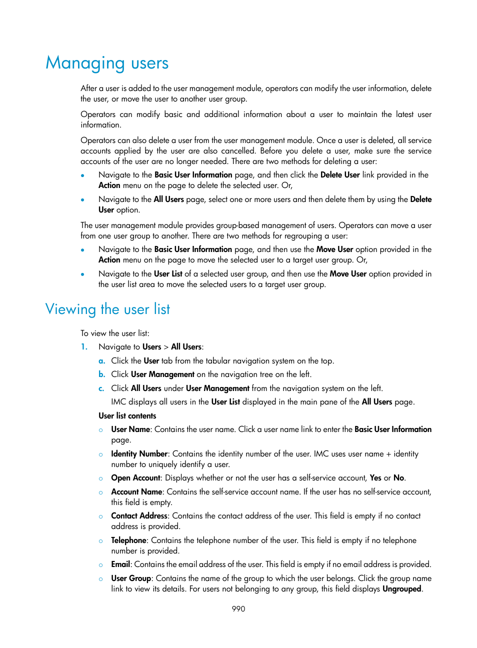 Managing users, Viewing the user list | H3C Technologies H3C Intelligent Management Center User Manual | Page 1004 / 1065
