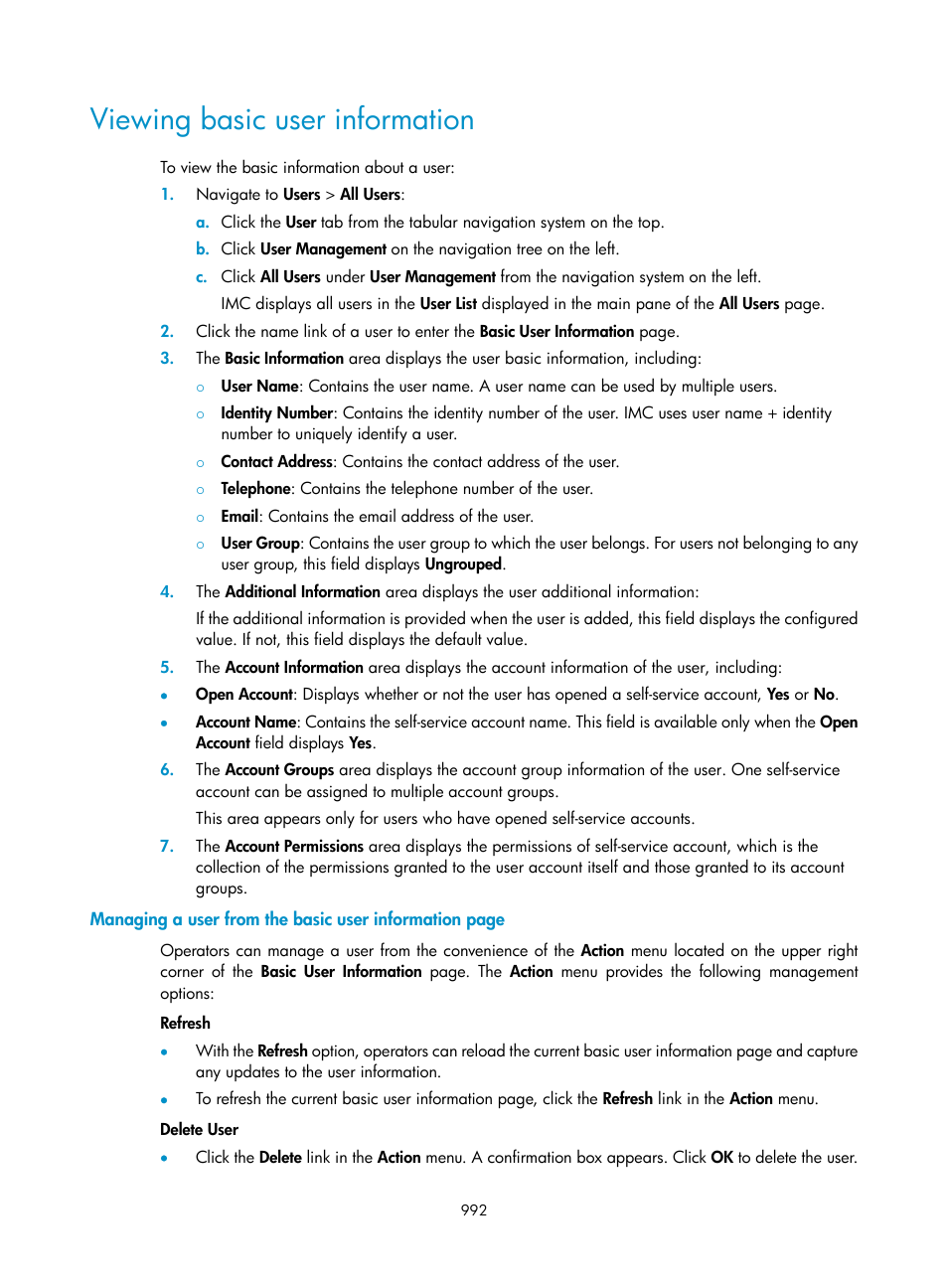 Viewing basic user information | H3C Technologies H3C Intelligent Management Center User Manual | Page 1006 / 1065