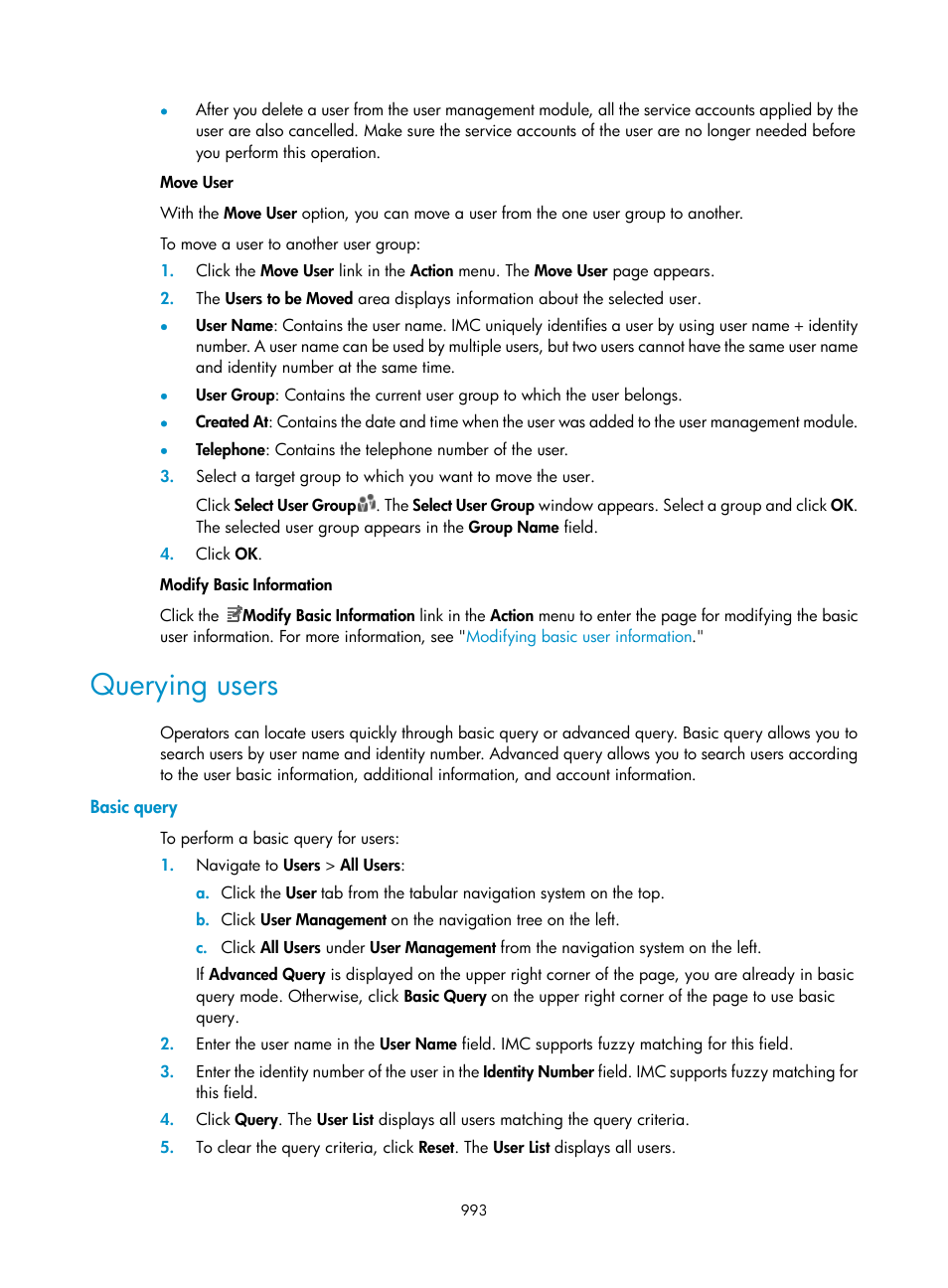 Querying users, Basic query | H3C Technologies H3C Intelligent Management Center User Manual | Page 1007 / 1065