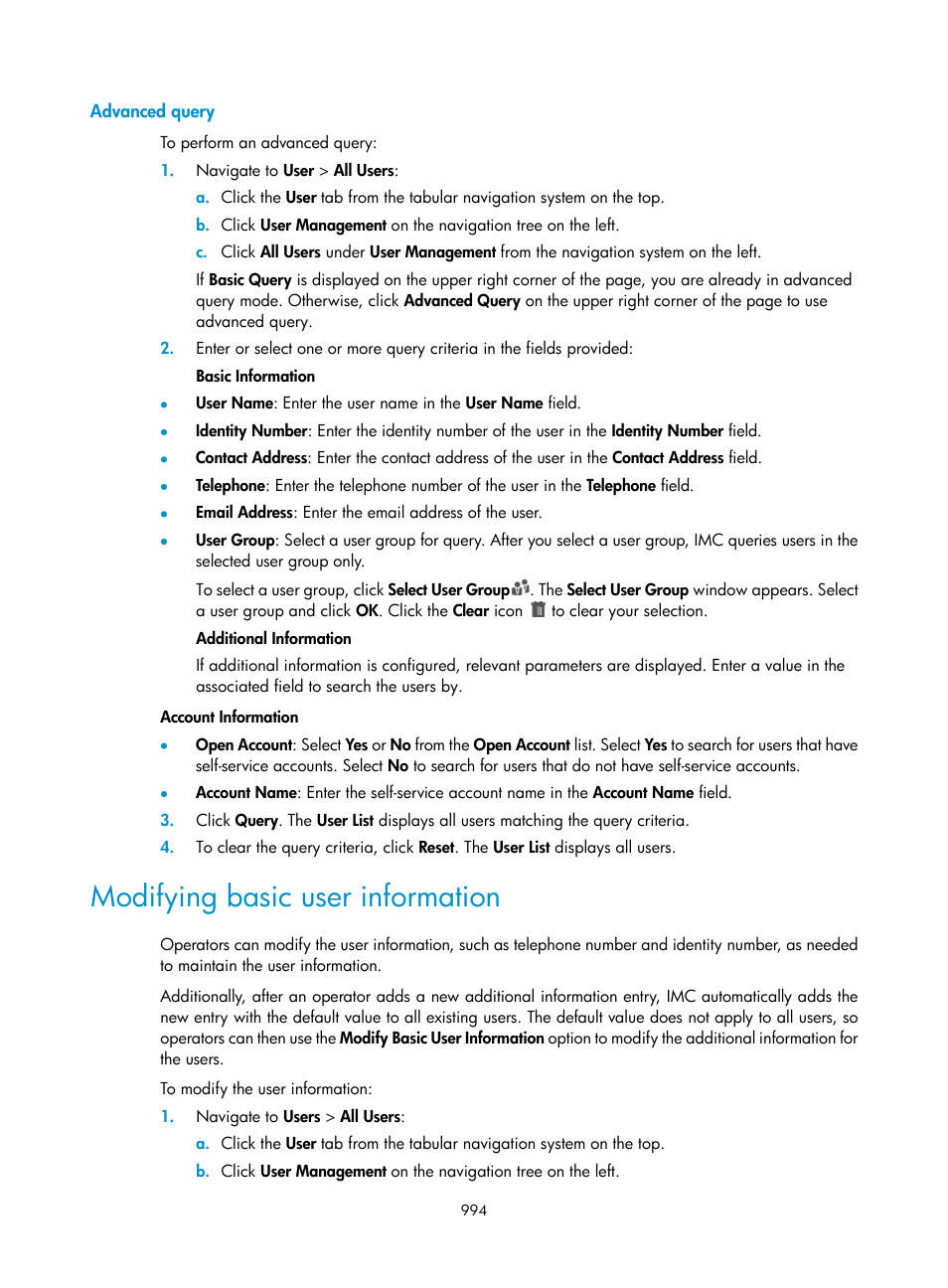 Advanced query, Modifying basic user information | H3C Technologies H3C Intelligent Management Center User Manual | Page 1008 / 1065