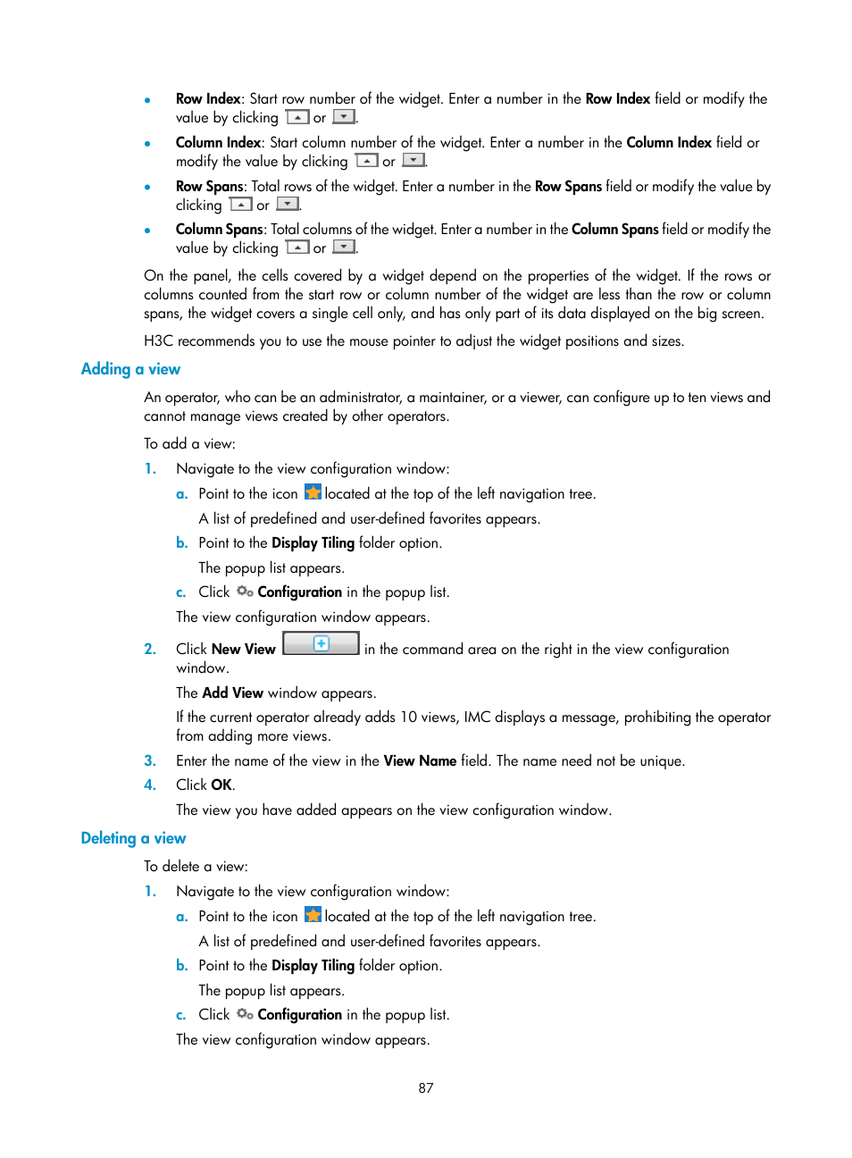 Adding a view, Deleting a view | H3C Technologies H3C Intelligent Management Center User Manual | Page 101 / 1065