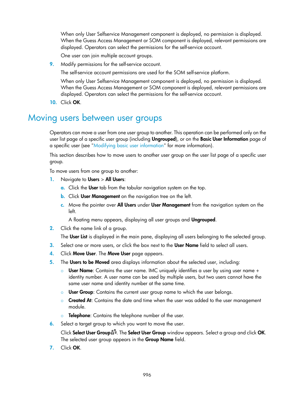 Moving users between user groups | H3C Technologies H3C Intelligent Management Center User Manual | Page 1010 / 1065