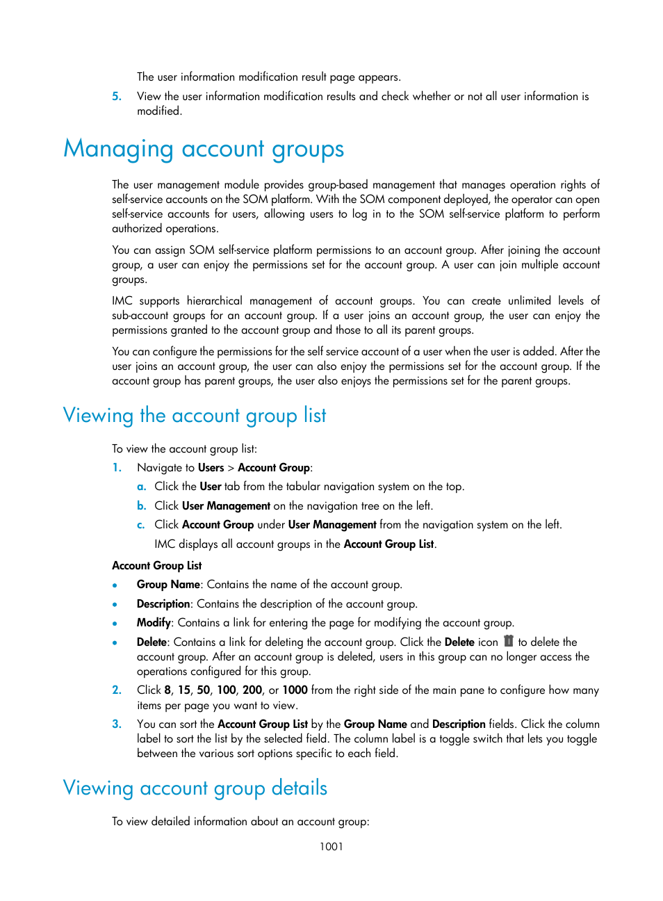 Managing account groups, Viewing the account group list, Viewing account group details | H3C Technologies H3C Intelligent Management Center User Manual | Page 1015 / 1065