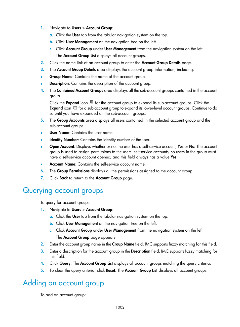 Querying account groups, Adding an account group | H3C Technologies H3C Intelligent Management Center User Manual | Page 1016 / 1065