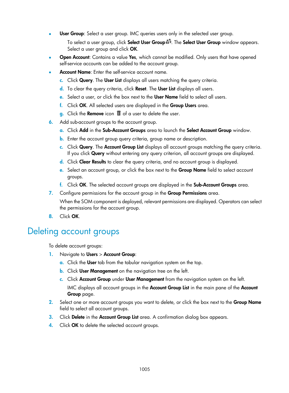 Deleting account groups | H3C Technologies H3C Intelligent Management Center User Manual | Page 1019 / 1065