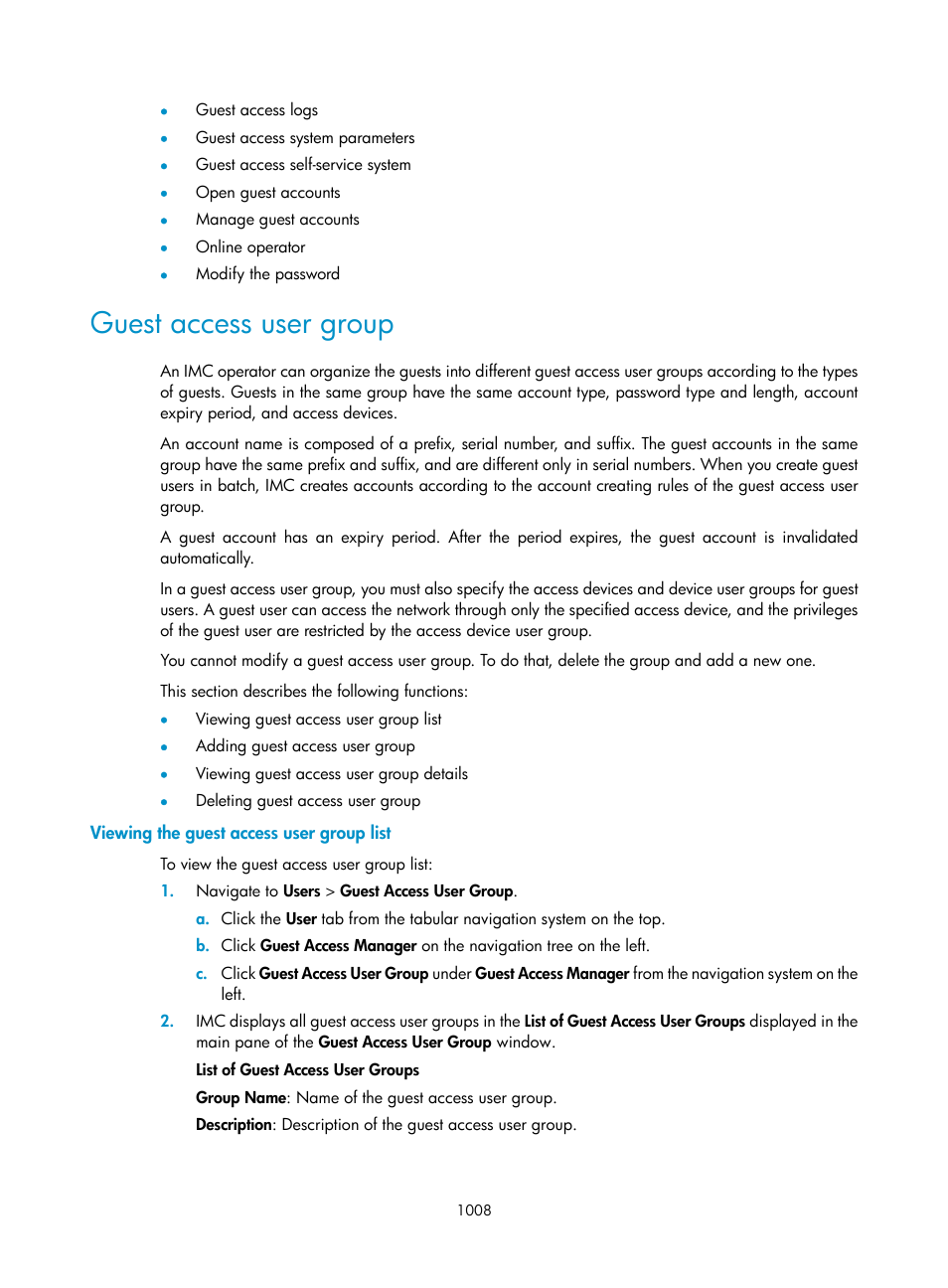 Guest access user group, Viewing the guest access user group list | H3C Technologies H3C Intelligent Management Center User Manual | Page 1022 / 1065