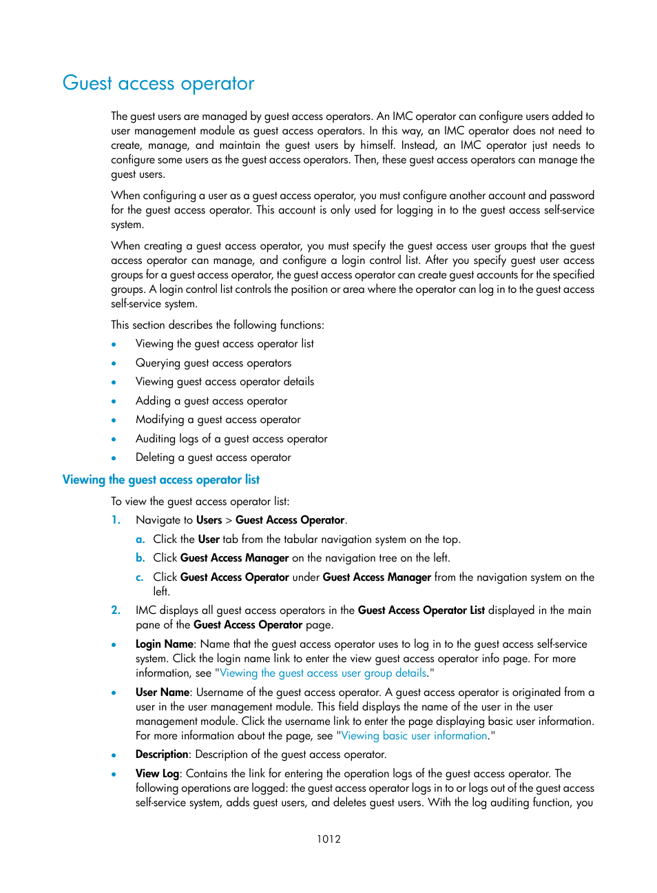 Guest access operator, Viewing the guest access operator list | H3C Technologies H3C Intelligent Management Center User Manual | Page 1026 / 1065