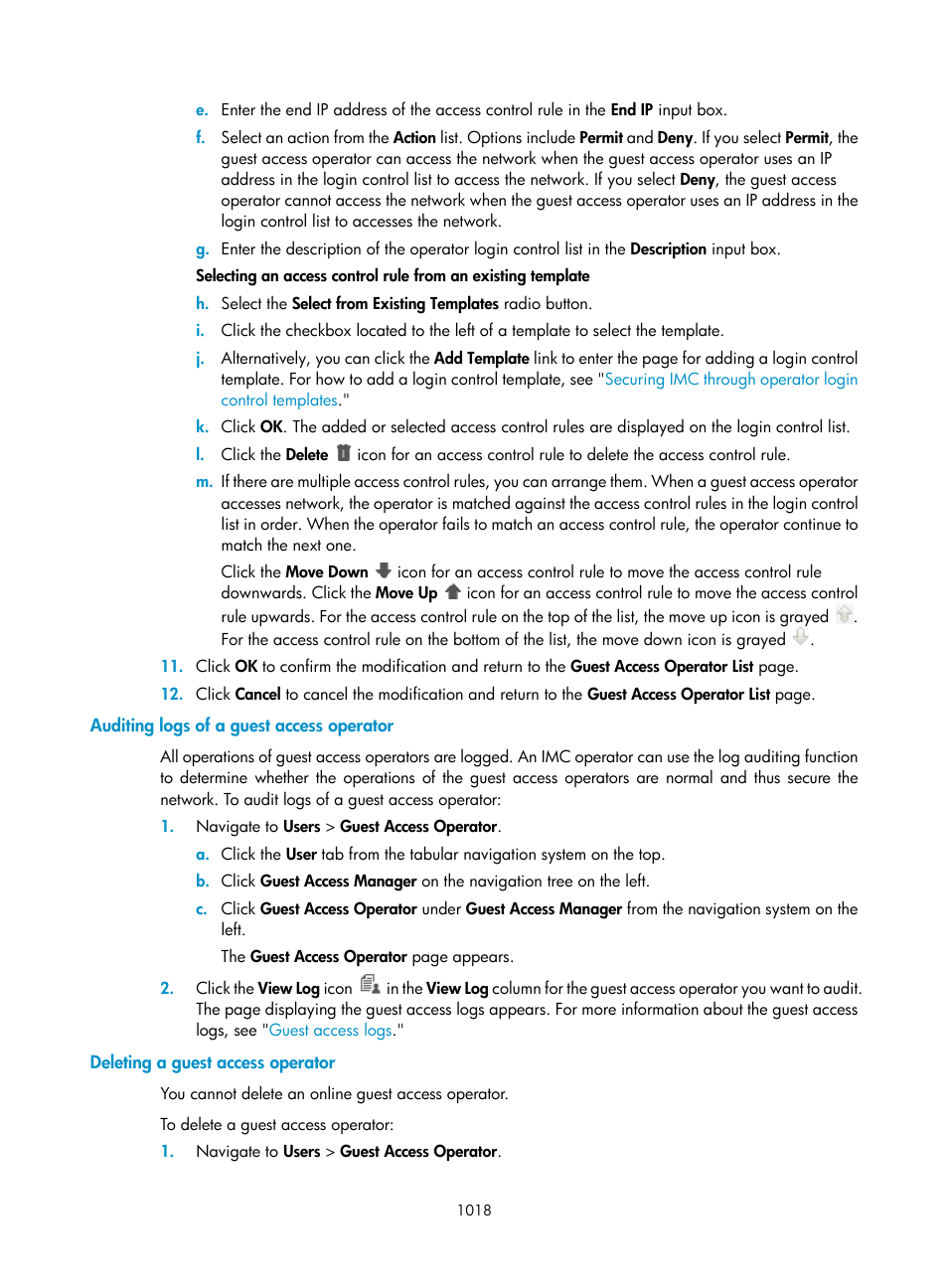Auditing logs of a guest access operator, Deleting a guest access operator | H3C Technologies H3C Intelligent Management Center User Manual | Page 1032 / 1065